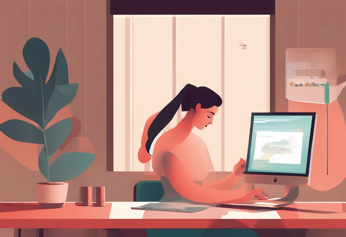 illustration of a woman working on a computer through a room with various objects, editorial illustration vividlcolor, in style of james gilleard, illustration style, james gilleard artwork, flat illustration, in style of digital illustration, magazine illustrations, editorial illustration, digital illustration -, #illustration, magazine illustration, inspired by James Gilleard, modern illustration, illustration | rutkowski, stylized digital illustration