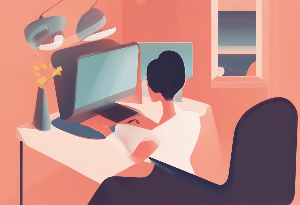 illustration of a woman working on a computer through a room with various objects, editorial illustration vividlcolor, in style of james gilleard, illustration style, james gilleard artwork, flat illustration, in style of digital illustration, magazine illustrations, editorial illustration, digital illustration -, #illustration, magazine illustration, inspired by James Gilleard, modern illustration, illustration | rutkowski, stylized digital illustration