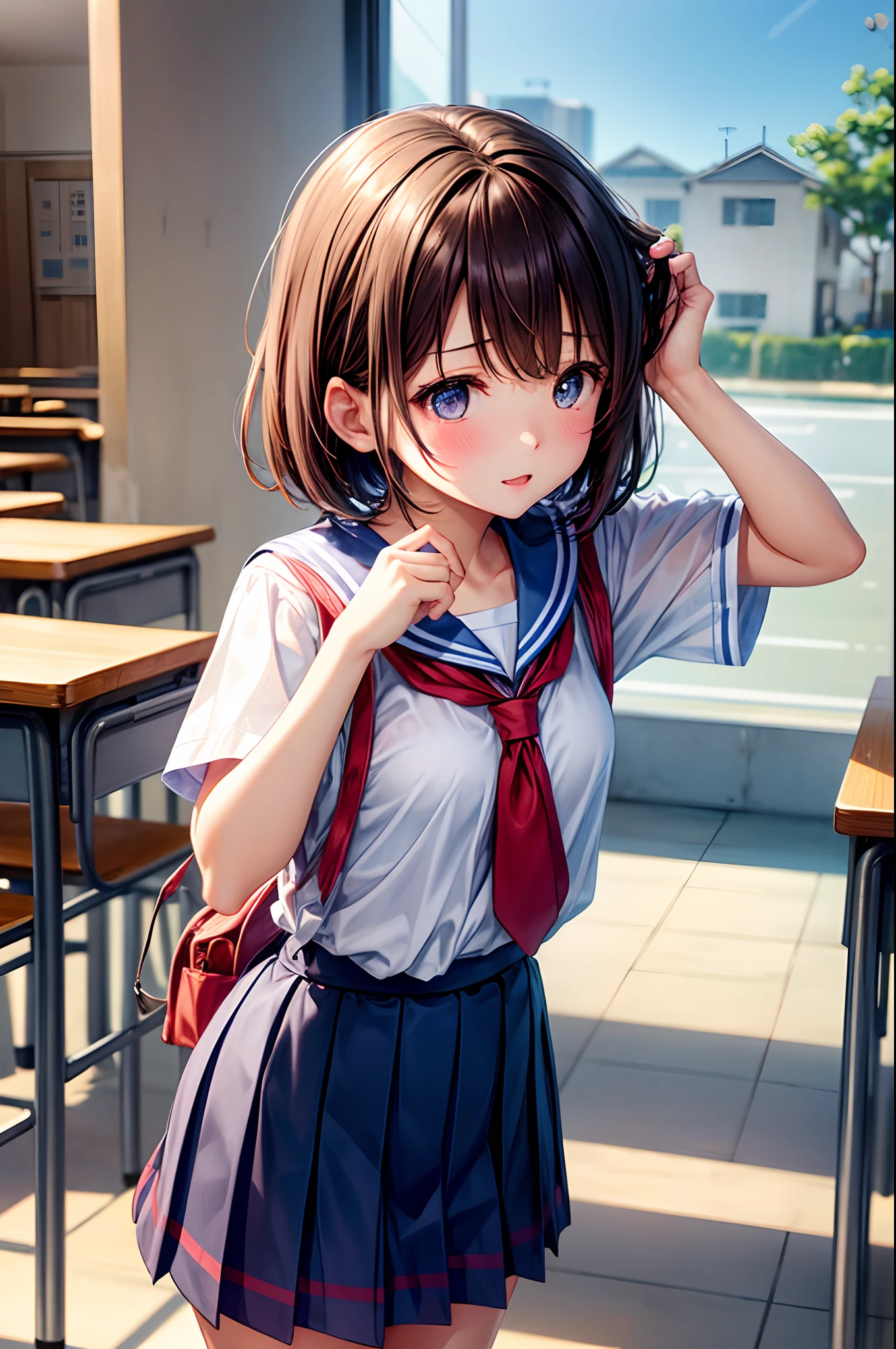 hi-school girl、、summer clothing、、be shy、Very cute、short-hair、Brown hair、gals、‎Classroom、Hand over the letter、Be red in the face、High five with friends