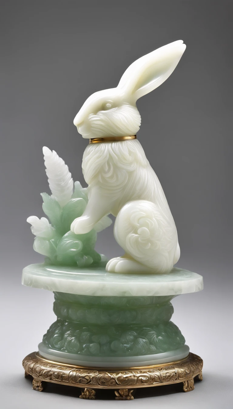 giant Intricate white marble hare,jade base,full moon,jade rabbit made up of Hotan Jade,crystal clear jade carving,Rabbit feathers are clearly visible,(white background,blank background,moonlight:1.45),