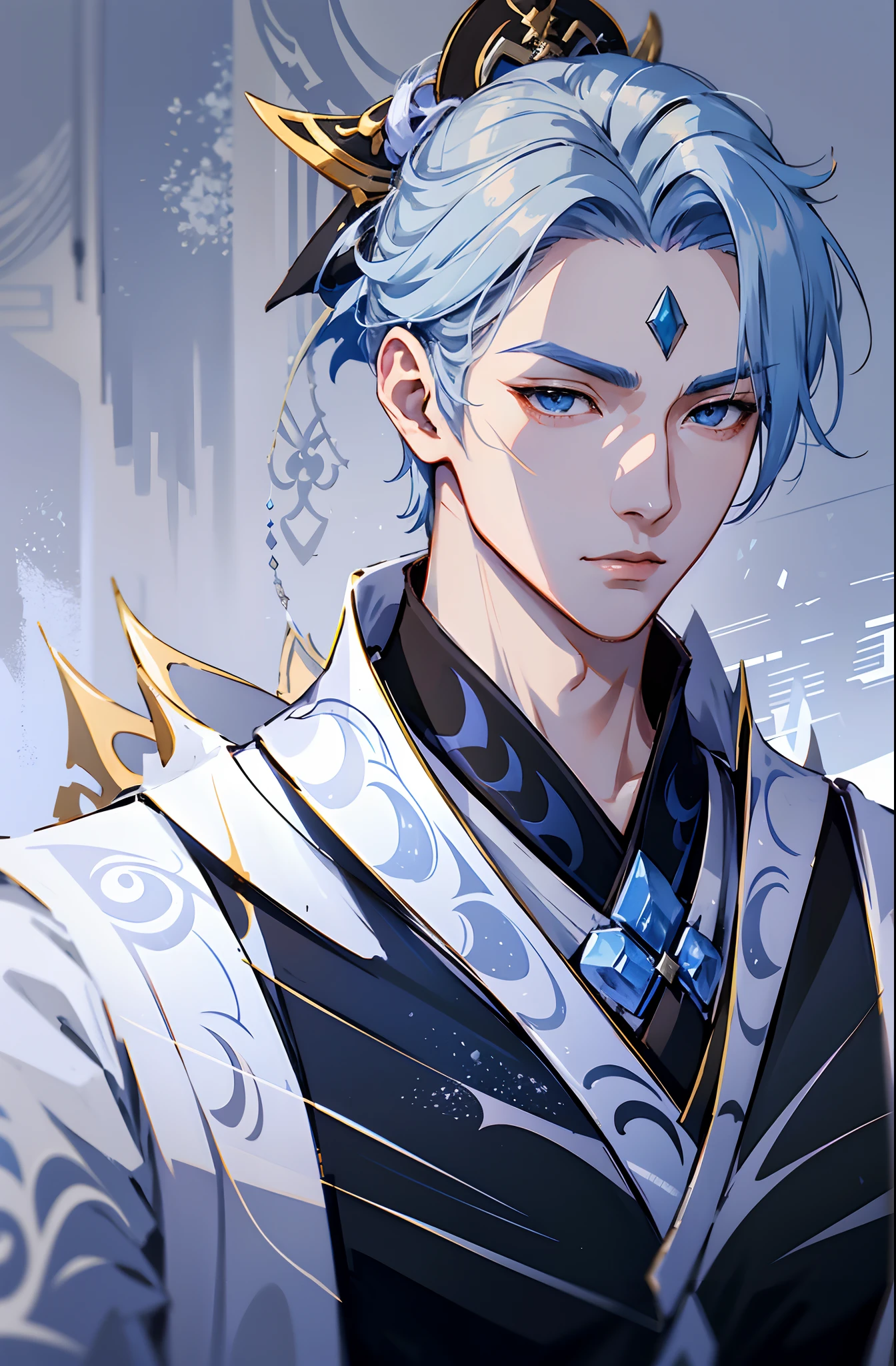 Anime - style image of a man with black hair and white and blue outfit, Keqing von Genshin Impact, Handsome guy in demon slayer art, Taisho Roman, handsome androgynous prince, Zhongli von Genshin Impact, white haired deity, anime gutaussehender mann, zarter androgyner Prinz, Masamune Shiro, heise jinyao, Offizielle Kunst