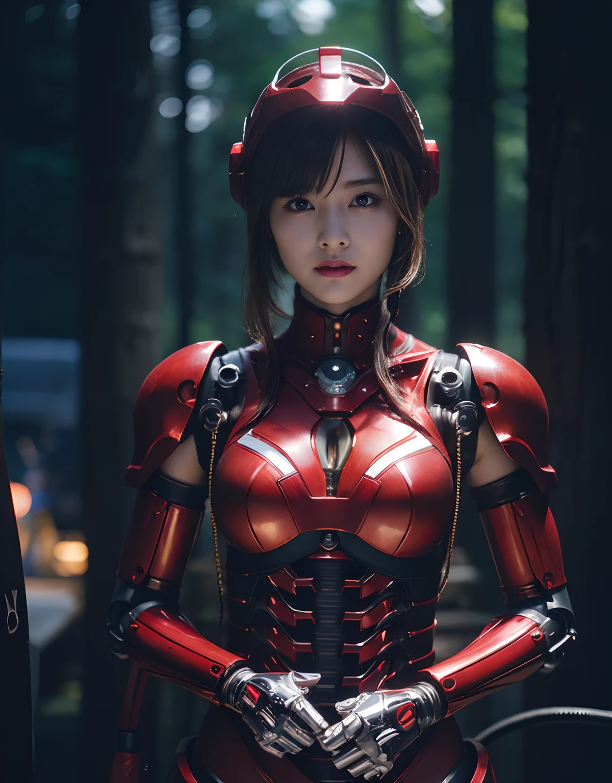 (1 Mechanical Girl)、top-quality、masterpiece、超A high resolution、(Photorealsitic:1.4)、Raw photo、女の子1人、Golden hair、glowy skin、(((1 Mechanical Girl)))、With a beautiful knife、(Red Metal Bodysuit)、(beautiful forest background)、Precipitous cliffs、(Small LED)、((super realistic details))、portlate、globalillumination、Shadow、octan render、(One-Eyed Scouter)、8K、ultrasharp、Colossal tits、Raw skin is exposed in cleavage、metals、Details of complex ornaments、Japan details、highly intricate detail、Realistic light、CGSoation Trends、Red Eyes、radiant eyes、Facing the camera、neon details、(Mechanical limbs)、(blood vessels connected to tubes)、Mechanical vertebrae attached to the back、mechanical cervical attaching to neck、(Wires and cables connecting to the head)、Gundam、Small LED、,Mechanical thighs、Toostock、(Hands are also made of machines)、(Please wear a mechanical helmet)、