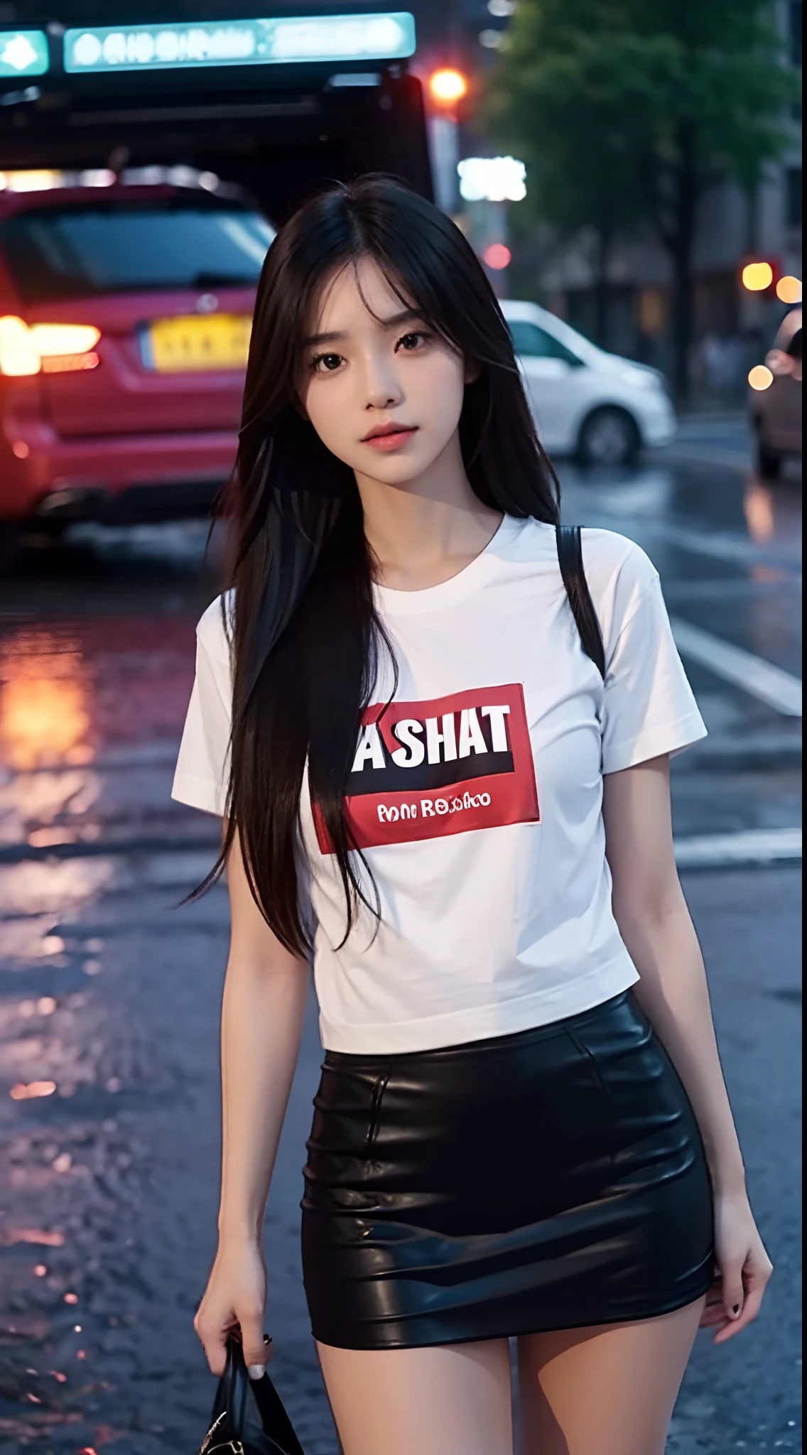 Hot girl, rainy, long hair, short skirt, transparant t-shirt