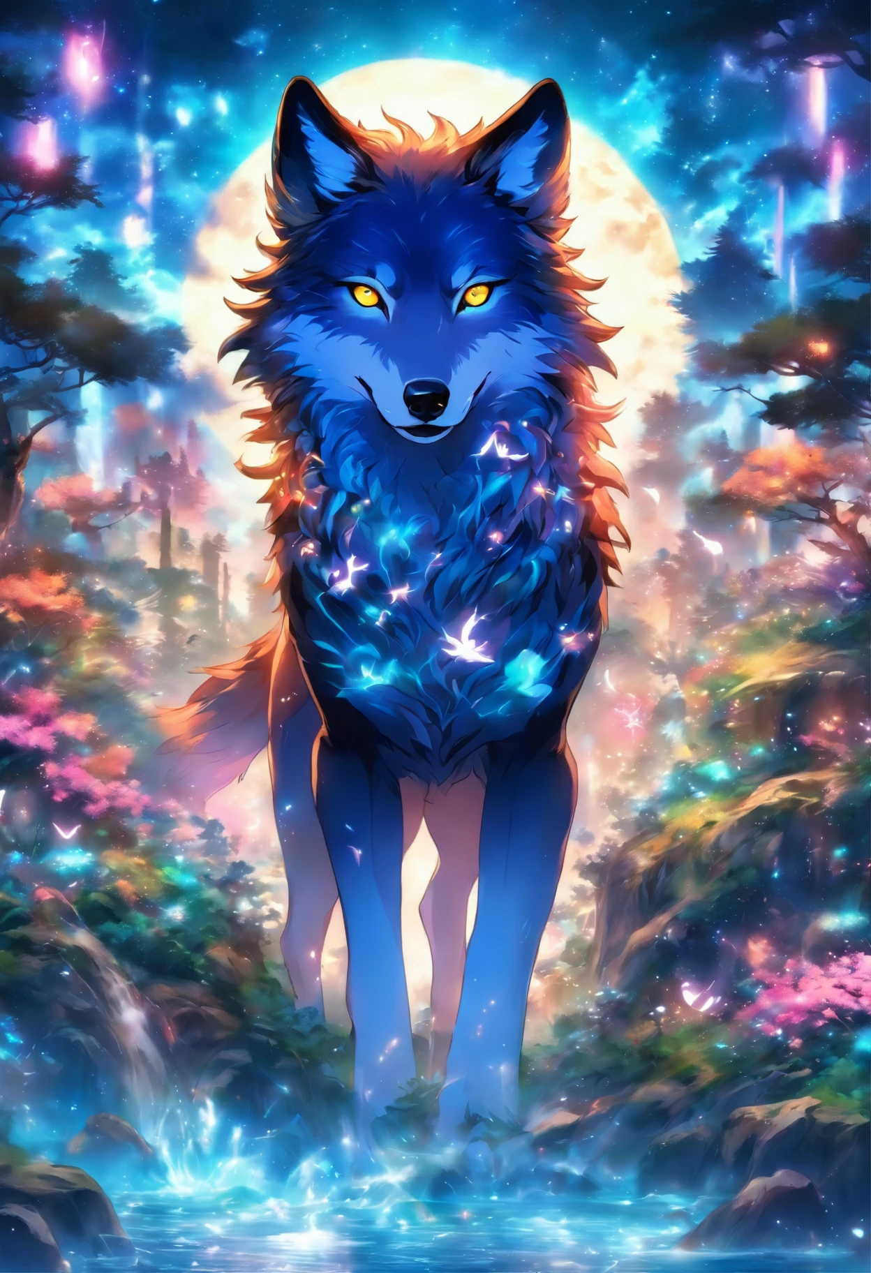 The most beautiful and enchanted wolf spirit, cabelos brancos, olhos azuis brilhantes, toneladas de tatuagens e piercings, na mais bela floresta encantada, Graffiti e elementos Kanji no fundo, flores de cerejeira soprando ao vento, altamente detalhado, Obra-prima perfeita, alta qualidade, high resolution