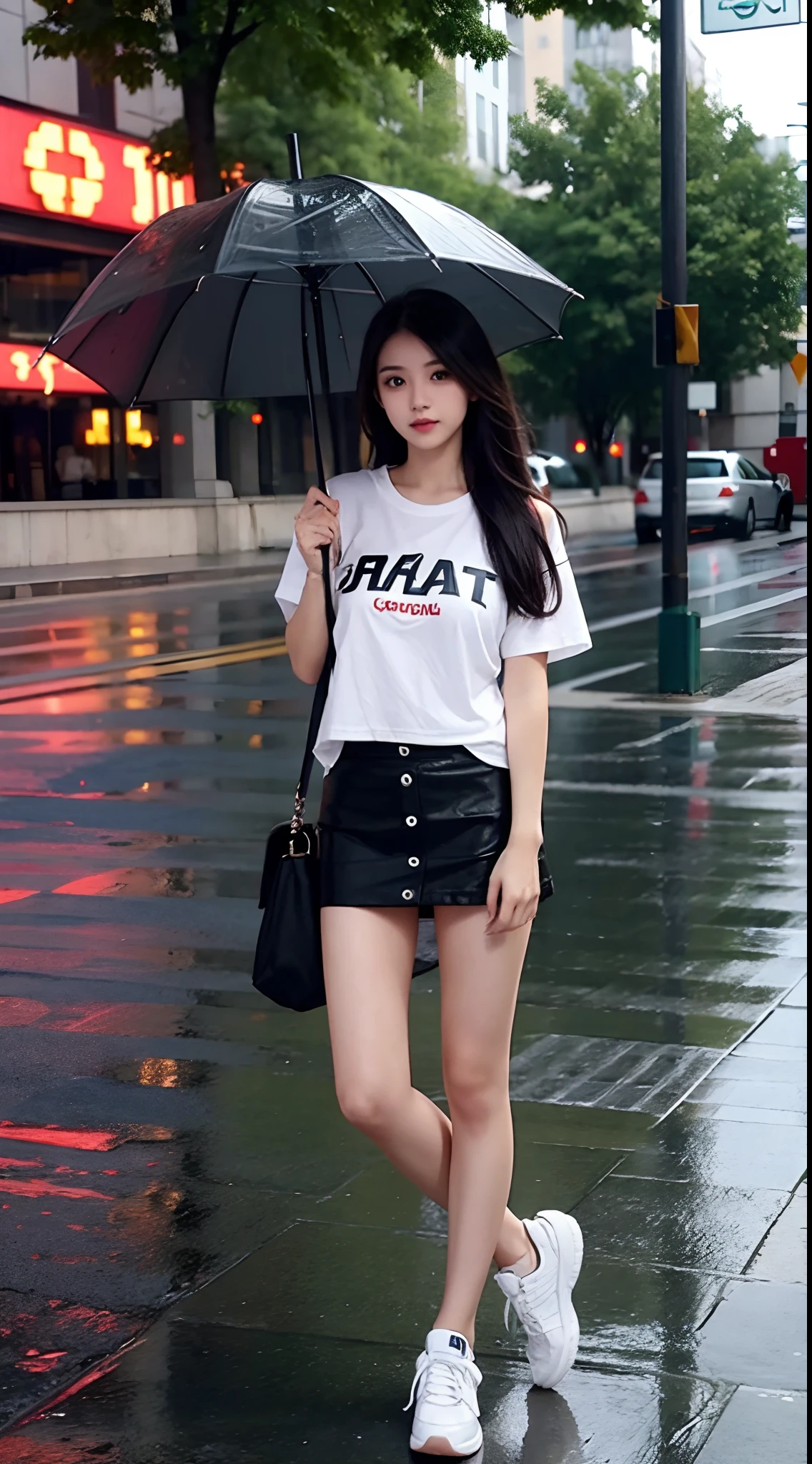 Hot girl, rainy, long hair, short skirt, transparant t-shirt
