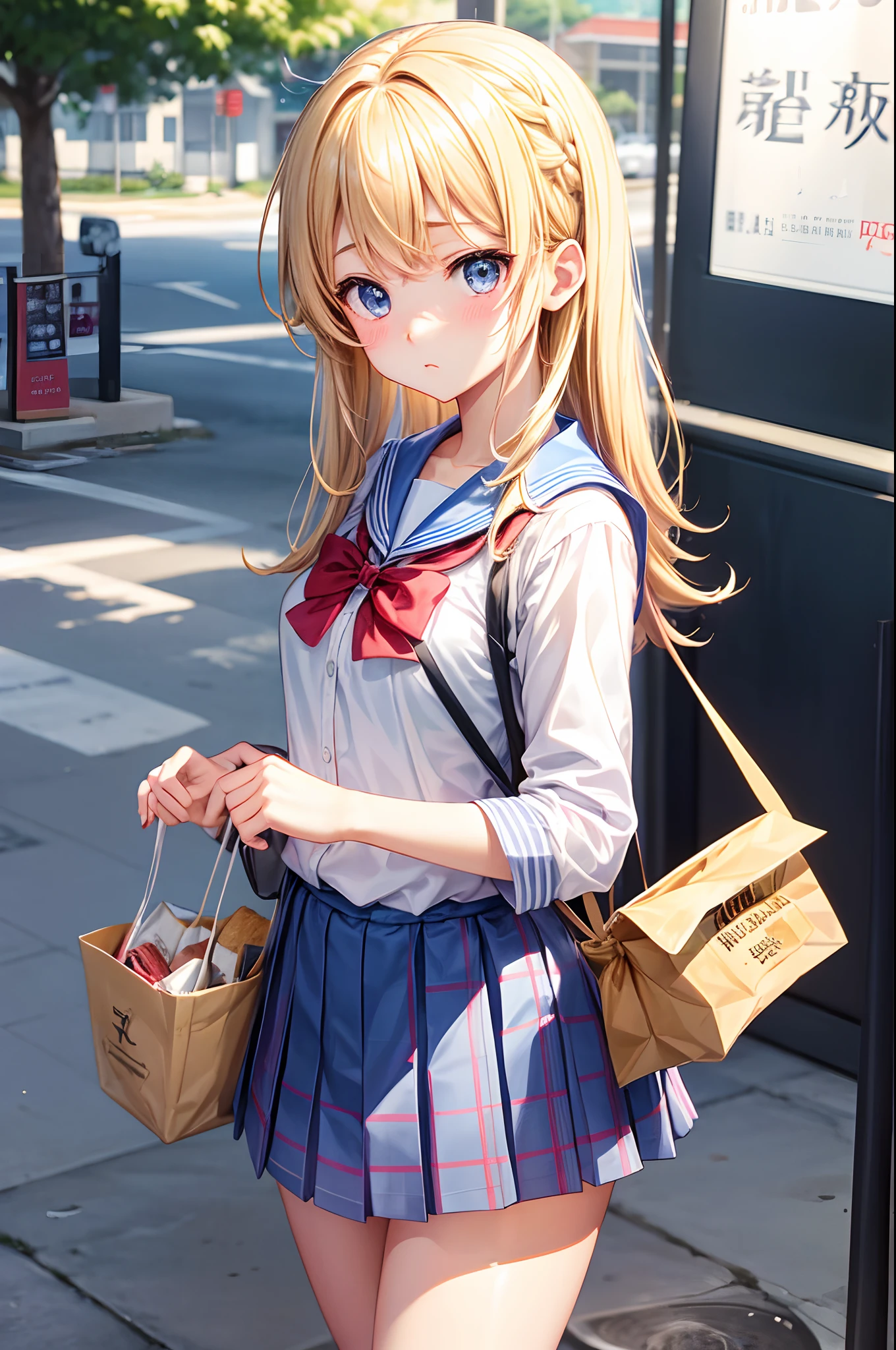 hi-school girl、、summer clothing、、Serious gaze、Very cute、Hairstyle with personality、a blond、gals、Buy bread at school purchases、Battle for bread、perspiring、Be red in the face、