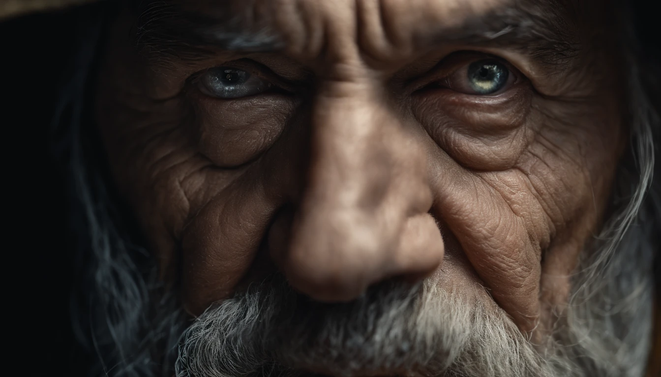 A portrait of a wizard, bearded, wrinkled, weathered, with piercing eyes, detailed face, high details, photography, dark studio, rim light, Nikon D850, 50mm, f/1.4