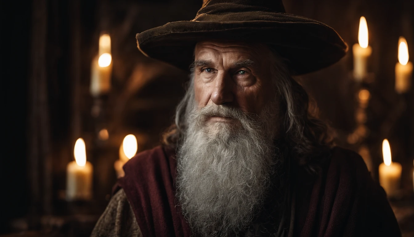 A portrait of a wizard, bearded, wrinkled, weathered, with piercing eyes, detailed face, high details, photography, dark studio, rim light, Nikon D850, 50mm, f/1.4