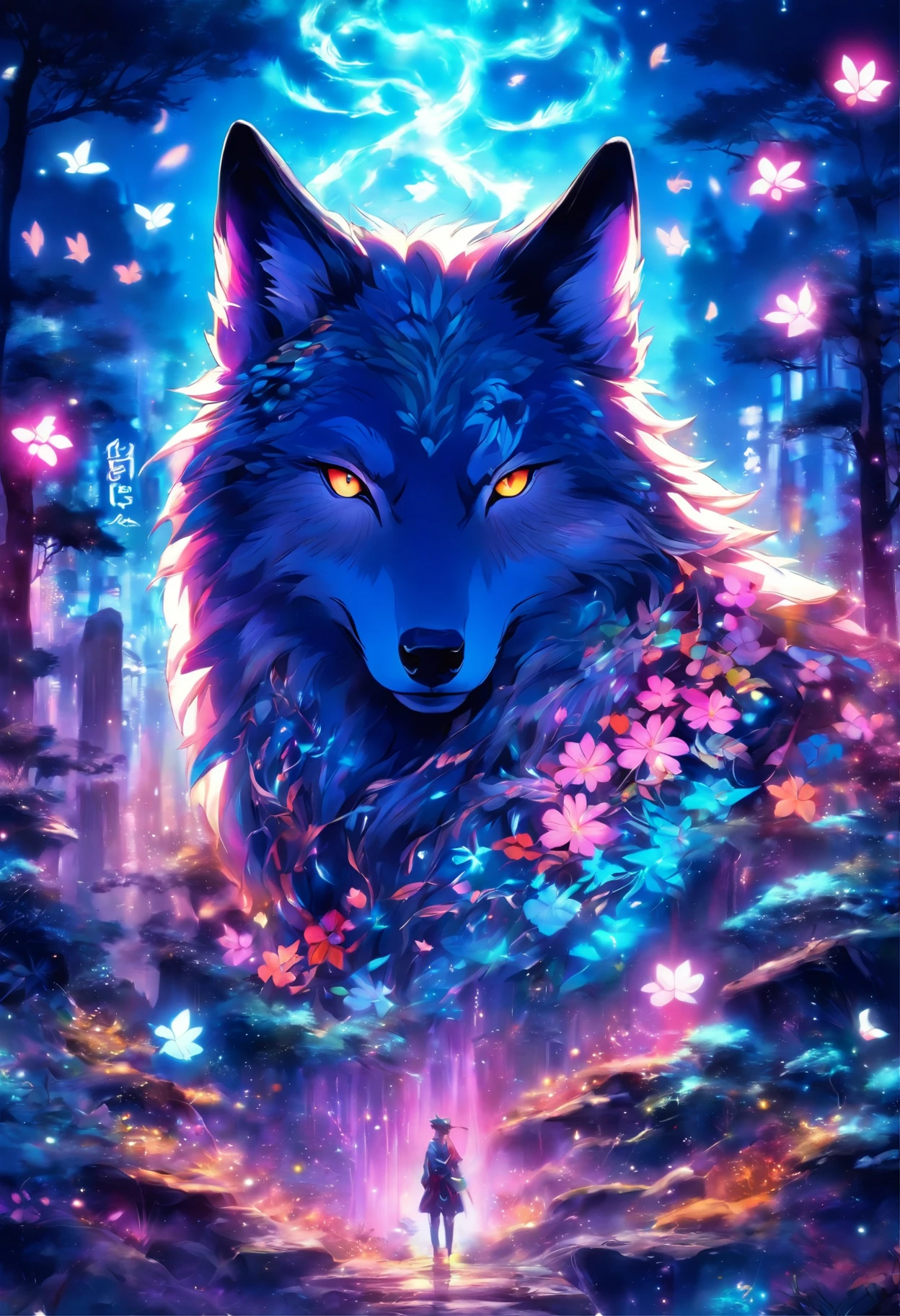 The most beautiful and enchanted wolf spirit, cabelos brancos, olhos azuis brilhantes, toneladas de tatuagens e piercings, na mais bela floresta encantada, Graffiti e elementos Kanji no fundo, flores de cerejeira soprando ao vento, altamente detalhado, Obra-prima perfeita, alta qualidade, high resolution