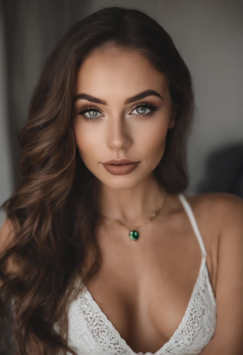 Femme arafed avec un soutien-gorge blanc et un collier, fille sexy aux yeux verts, Portrait Sophie Mudd, cheveux bruns et grands yeux, selfie of a young woman, Yeux de chambre, Violet Myers, sans maquillage, maquillage naturel, looking straight at camera, Visage avec Artgram, Maquillage subtil, Superbe photo du corps entier, piercing green eyes, Bel angle, pose attrayante, fille mignonne, sexy pose, Image du corps entier, corps entier, Prise de vue du corps entier, Porter une jupe grise et des bottes