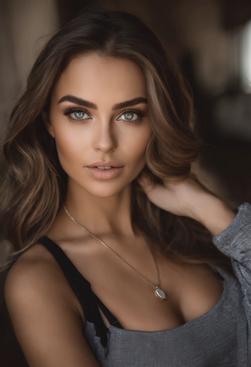 Femme arafed avec un soutien-gorge blanc et un collier, fille sexy aux yeux verts, Portrait Sophie Mudd, cheveux bruns et grands yeux, selfie of a young woman, Yeux de chambre, Violet Myers, sans maquillage, maquillage naturel, looking straight at camera, Visage avec Artgram, Maquillage subtil, Superbe photo du corps entier, piercing green eyes, Bel angle, pose attrayante, fille mignonne, sexy pose, Image du corps entier, corps entier, Prise de vue du corps entier,  Porter une jupe grise et des bottes