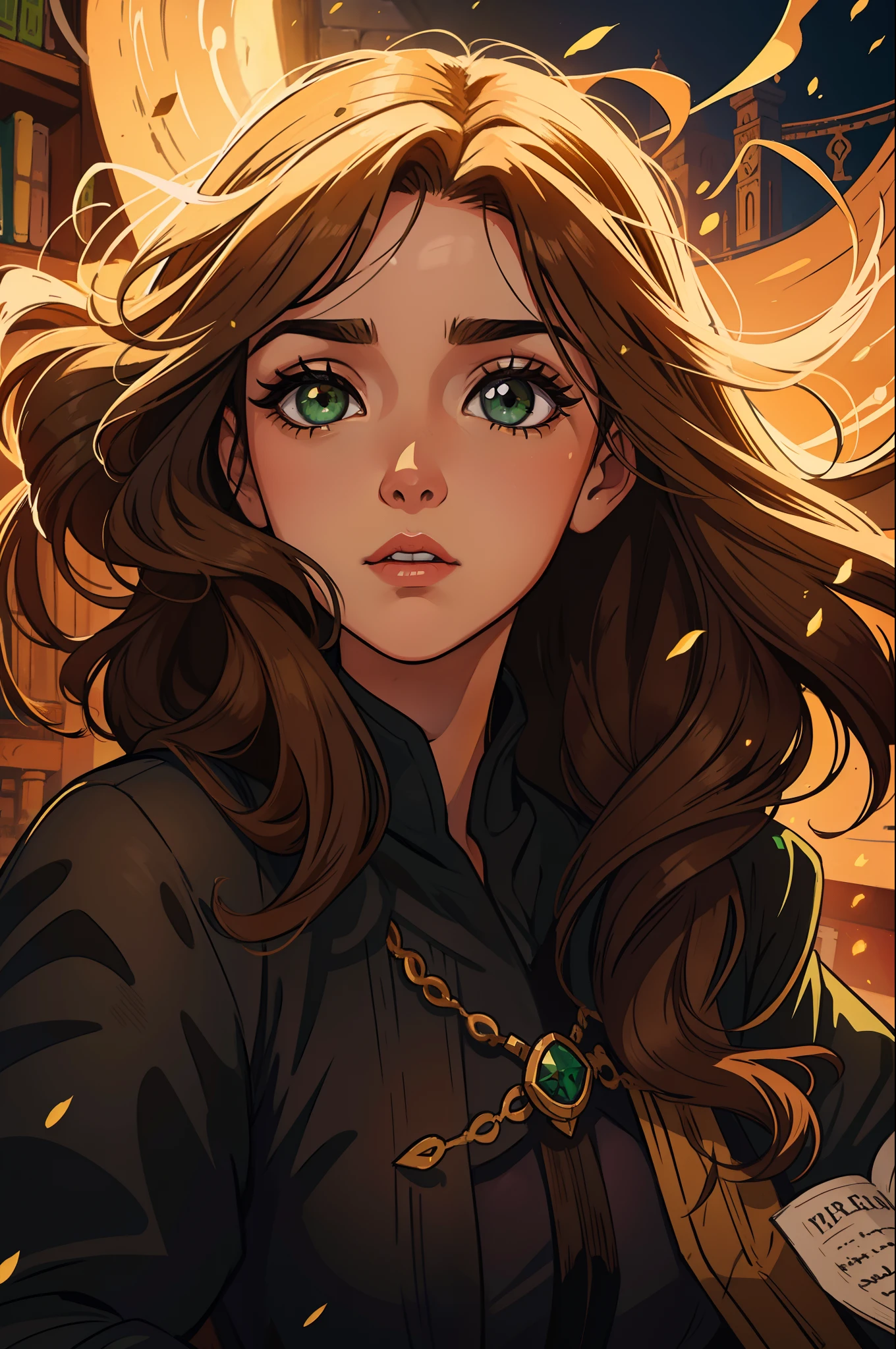 Uma bela mulher de olhos verdes e cabelos castanhos longo ondulado (brown hair) (Detailed strokes) Princess eyes Sexy curvy eyelashes A library background Expressive drama with a look of concern Art for an RPG A medieval art for an RPG