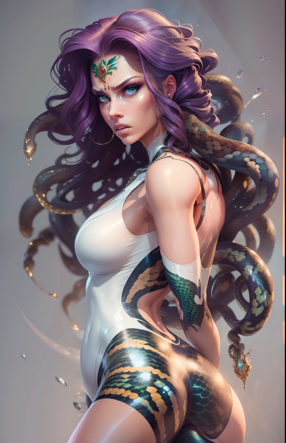 Full body like，((Best quality)), ((Masterpiece)), ((Realistic)), Medusa，full bodyesbian，The hair is made up of countless small snakes, Green eyes，Female face, Carved top in metal, Kingly momentum，Trends on ArtStation, Clear focus, studio photo, Complicated details, The is very detailed, Detailed eyes, illustratio, The is very detailed, Clear focus, A digital rendering, professinal, 4K，(RAW photo:1.2)，camel-toe，Hollow-out on，sweat leggs，White liquid， Smooth pink skin, shiny metallic glossy skin, Shiny，spread their legs，M-shaped legs，angry look，sullenness，Irritated，white liquid all over body，Full body like