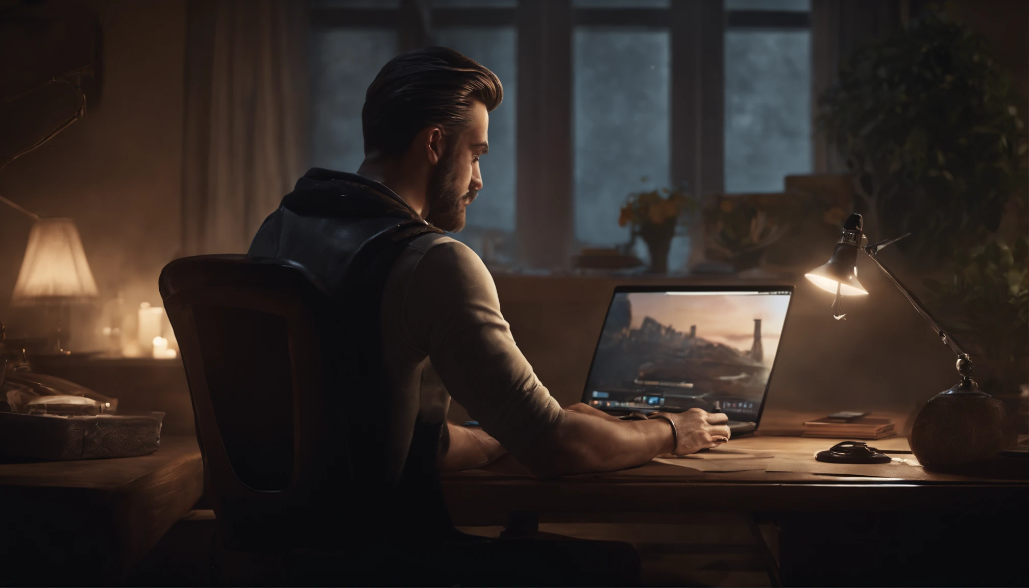 There is a man sitting at a desk with a laptop and a computer, Streamer de Twitch / Jugador Ludwig, Arte conceptual como Ernest Khalimov, anton fadeev 8 k, Estilo e-Sport, realistic artistic style, rossdraws global illumination, WLOP y Andrei Riabovitchev, Ryan Glitter Artista conceptual, Jody Highroller, Estilo de arte G Liulian, peinado afeitado, Barba negra