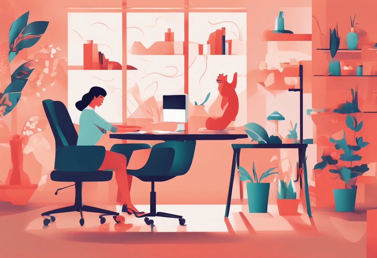 illustration of a woman working on a computer through a room with various objects, editorial illustration vividlcolor, in style of james gilleard, illustration style, james gilleard artwork, flat illustration, in style of digital illustration, magazine illustrations, editorial illustration, digital illustration -, #illustration, magazine illustration, inspired by James Gilleard, modern illustration, illustration | rutkowski, stylized digital illustration