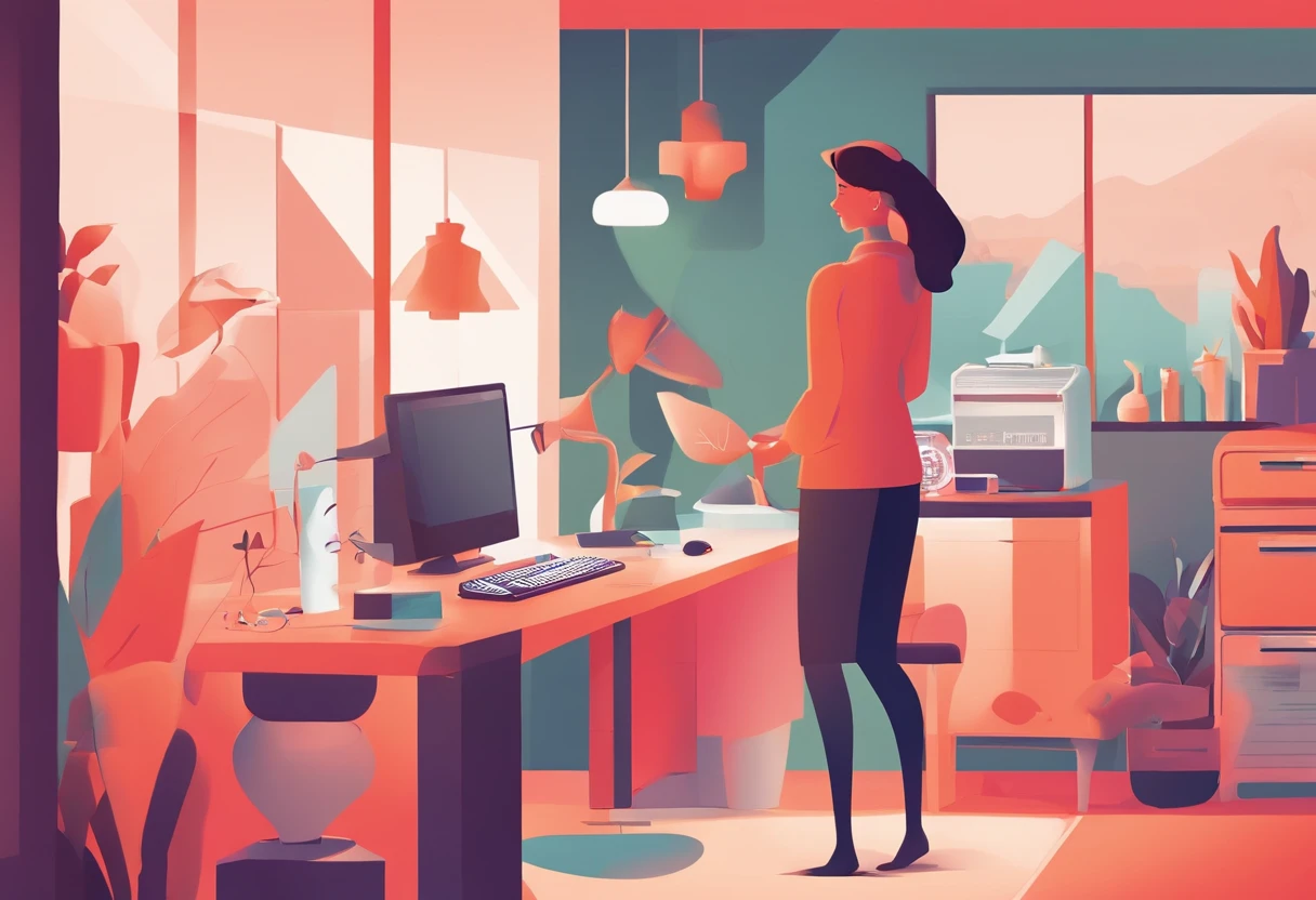 illustration of a woman working on a computer through a room with various objects, editorial illustration vividlcolor, in style of james gilleard, illustration style, james gilleard artwork, flat illustration, in style of digital illustration, magazine illustrations, editorial illustration, digital illustration -, #illustration, magazine illustration, inspired by James Gilleard, modern illustration, illustration | rutkowski, stylized digital illustration