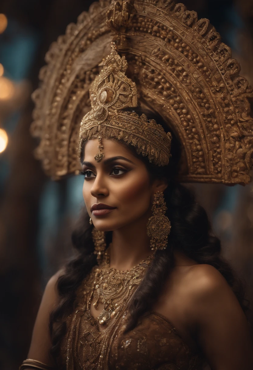 fantasy art portrait of a fair indian mythical ancient queen wearing luxurious crown and ornate clothing. intricate details opals and floral embellishments, diffused lighting,symmetrical depth of field,sharp focus,unreal engine