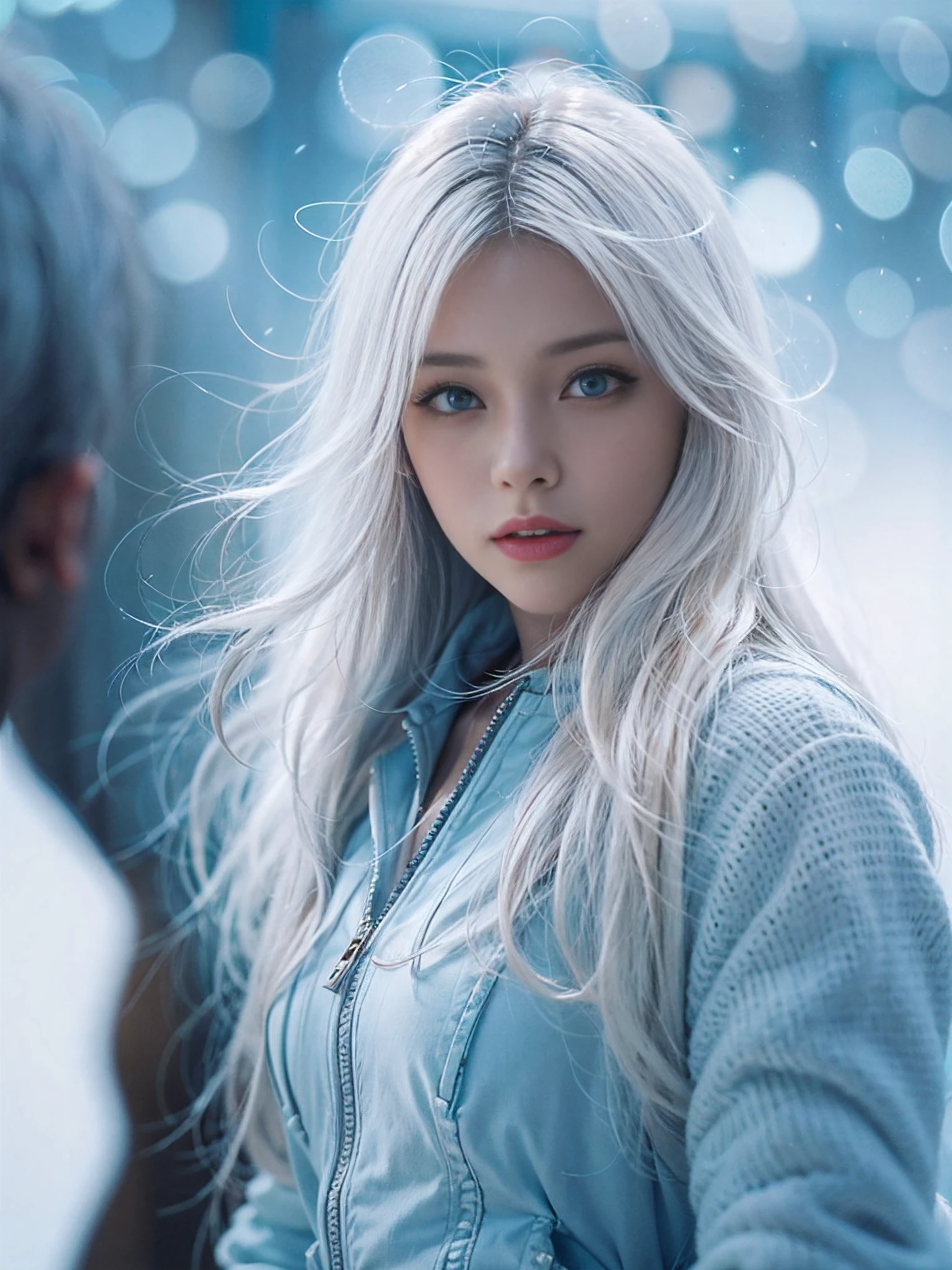 beautiful, young woman, in the crystal and ice area, fluttering snow, horse riding, a white hourse, gradient hair, white hair, blue hair, long hair, eye reflection, disdain, ray tracing, reflection light, blurry, glowing light, depth of field, chiaroscuro, stereogram, zoom layer, cowboy shot, f/2.8, bokeh, masterpiece, best quality, high quality, HD