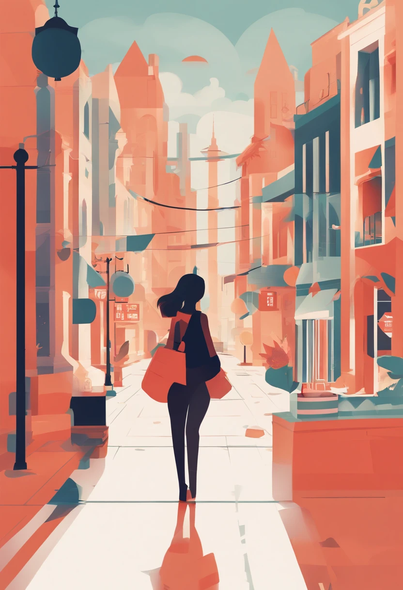 illustration of a woman walking through a city with various objects, editorial illustration vividcolor, in style of james gilleard, illustration style, james gilleard artwork, flat illustration, in style of digital illustration, magazine illustrations, editorial illustration, digital illustration -, #illustration, magazine illustration, inspired by James Gilleard, modern illustration, illustration | rutkowski, stylized digital illustration