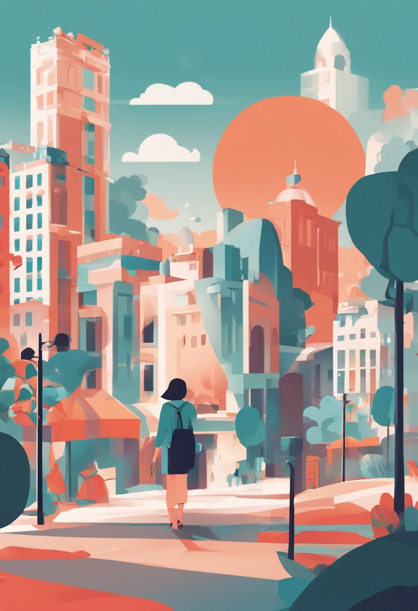 illustration of a woman walking through a city with various objects, editorial illustration vividcolor, in style of james gilleard, illustration style, james gilleard artwork, flat illustration, in style of digital illustration, magazine illustrations, editorial illustration, digital illustration -, #illustration, magazine illustration, inspired by James Gilleard, modern illustration, illustration | rutkowski, stylized digital illustration