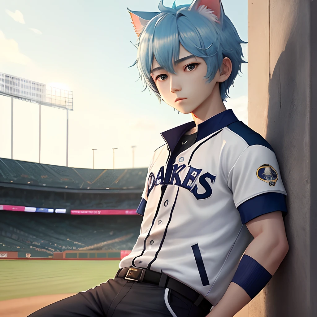 Shota，blue hairs，blue color eyes，cat ear，shorter pants，Baseball uniform jacket