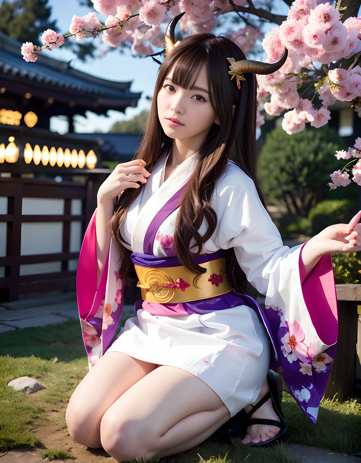 ((World of Darkness)),Professional , masterpiece、top-quality、photos realistic , depth of fields 、(sexypose)、Oiran hairstyle、Maiko's hairstyle、(White maple on full bloom background),(Ultimate Beauty)、A dark-haired、(shrine background)、(Kimono with beautiful pattern)、(Night background)、Beautiful hair ornament on the head、((Precipitous cliffs)),(Wear a beautiful kimono),(Wear a beautiful kimono with colorful floral patterns)、Jewel Gold Weapon、Particles of light),(Wearing a wizard's hat)、Gorgeous gold weapons ,Castle background、(( Gorgeous Dragon Sword)) , (a dark night),,(maikurobikini) 、((Black Haired Beautiful Girl))、(Castle background)、(demonic wings)、((Gangle's forest background))、Beautiful Caucasian beauty、1a person、dynamic ungle,(((Two devil's horns on the head)))、Smaller head、Idle Smile、Thin and beautiful female hands、Mystical expression、Light Effects、intense fighting、Wind-effect、magic circles、With the legendary magic wand、Dragon's tail、Full Body Angle、