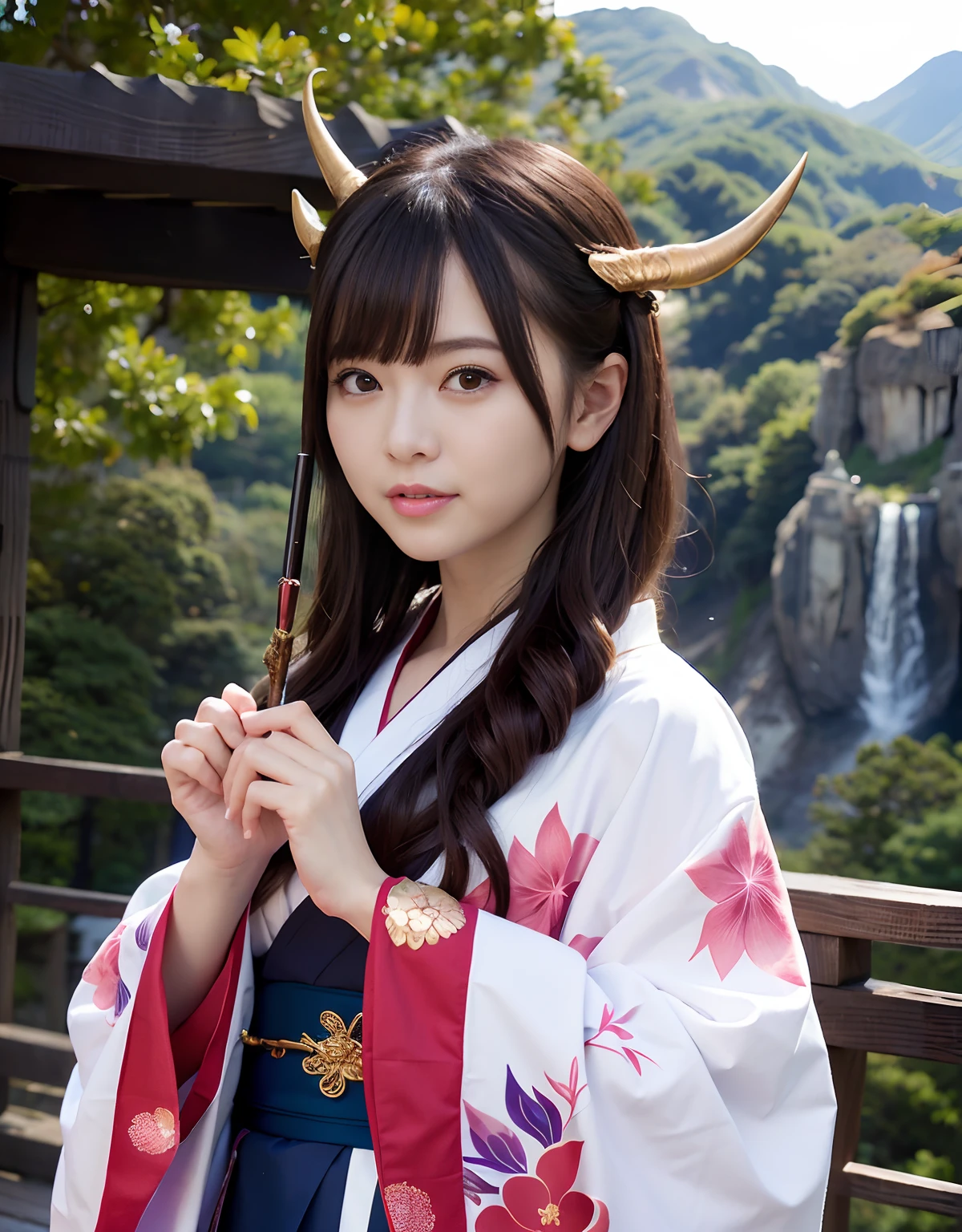 ((World of Darkness)),Professional , ​masterpiece、top-quality、photos realistic , depth of fields 、（sexypose）、Oiran hairstyle、Maiko's hairstyle、(White maple on full bloom background),（Ultimate Beauty）、A dark-haired、（shrine background)、（Kimono with beautiful pattern）、（Night background）、Beautiful hair ornament on the head、（（Precipitous cliffs））,(Wear a beautiful kimono),（Wear a beautiful kimono with colorful floral patterns）、Jewel Gold Weapon、Particles of light),(Wearing a wizard's hat）、Gorgeous gold weapons ,Castle background、（（ Gorgeous Dragon Sword）） , （a dark night）,,（maikurobikini） 、（（Black Haired Beautiful Girl））、（Castle background）、（demonic wings）、（（Gangle's forest background））、Beautiful Caucasian beauty、１a person、dynamic ungle,(((Two devil's horns on the head)))、Smaller head、Idle Smile、Thin and beautiful female hands、Mystical expression、Light Effects、intense fighting、Wind-effect、magic circles、With the legendary magic wand、Dragon's tail、Full Body Angle、