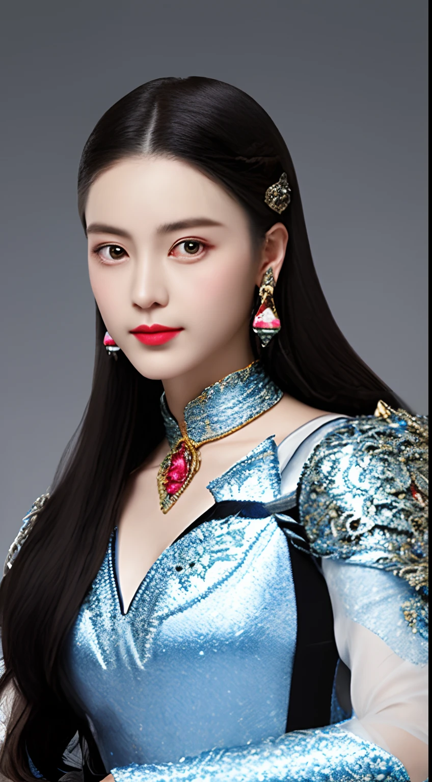 （8k，Very detailed faces，full body detailing） Makeup： Her cheeks were covered with light red rouge，It highlights her body and mind。
   Her eyes sparkled，Highlight her decisiveness and calmness as a general。
   - Her eyebrows are slender and straight，It gives the impression of tenacity and determination。
   - She has a faint red lipstick on her lips，It looks majestic and elegant。

2. clothes：
   - She wears heavy armor，The bright silver armor shone cold in the sun。The armor is inlaid with elaborate patterns and ornaments，Highlight her nobility。
   - She wears a wide silk belt around her waist，It's embedded with sparkling gemstones，Symbolizes her noble status。
   - She wears silver bracers on her wrists，Protect your wrist，It also shows her strength and strength。
   - She stepped on sturdy combat boots，The sole has thick iron nails，She is stabilized and protected。

3. Detailed description：
   - Her long hair was coiled into a complex bun，It is filled with hairpins and ornaments inlaid with precious gemstones，It exudes nobility and elegance。
   - She wears a necklace encrusted with sapphires around her neck，Gemstones shine with a blue glow，Reflects her fair skin。
   - She holds a sword in her hand，The body of the sword is inlaid with elaborate decorations，The hilt is set with a gemstone with a coat of arms，Symbolizes her power and status。
   - Behind her hangs a military flag embroidered with flowers and war motifs，Blowing in the wind，Demonstrate her military command ability。

These are some possible details about the makeup and costumes of female generals of ancient battlefields，To show Her Majesty、Power and aristocracy。Specific descriptions can be adapted and supplemented as needed。