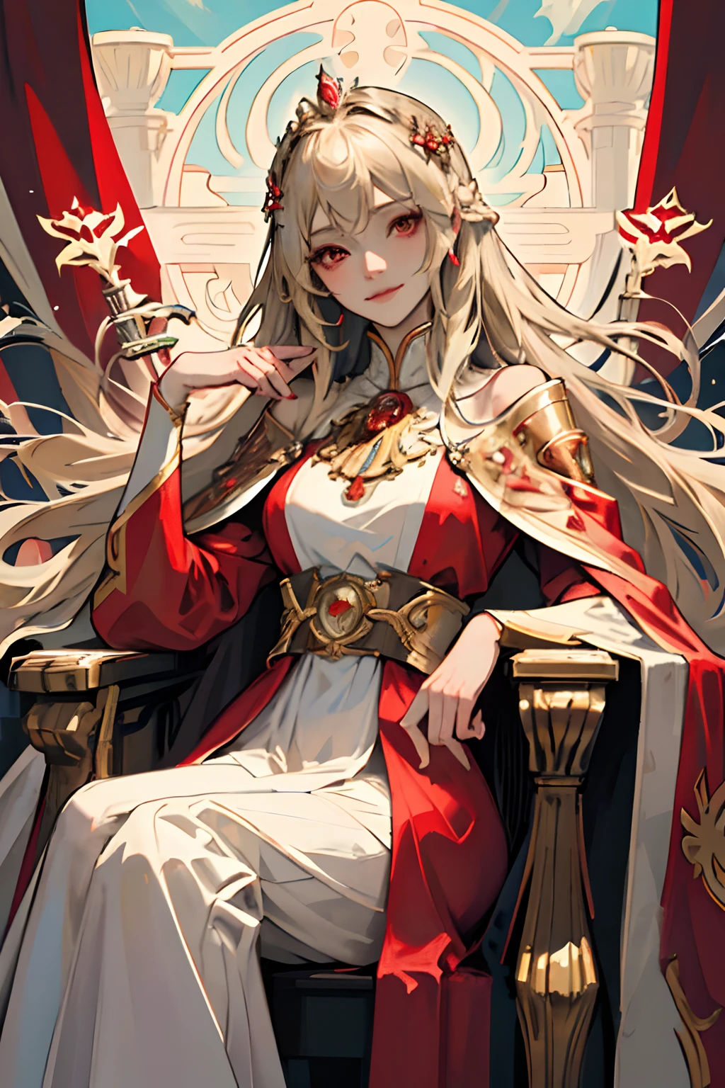 (masterpiece, best quality), 1girl, solo, (the empress:1.15), light blonde, long hair, (red cape), Curtain, white dress, queen dress, aurora, (sunshine, sky, river, forest), expressionless, red eyes, very long hair, (art nouveau:1.2), alphonse mucha, tiara, (face focus, upper body), sit, (red throne:1.12), tiara, crossing legs, highly intricate details, realistic light, smile