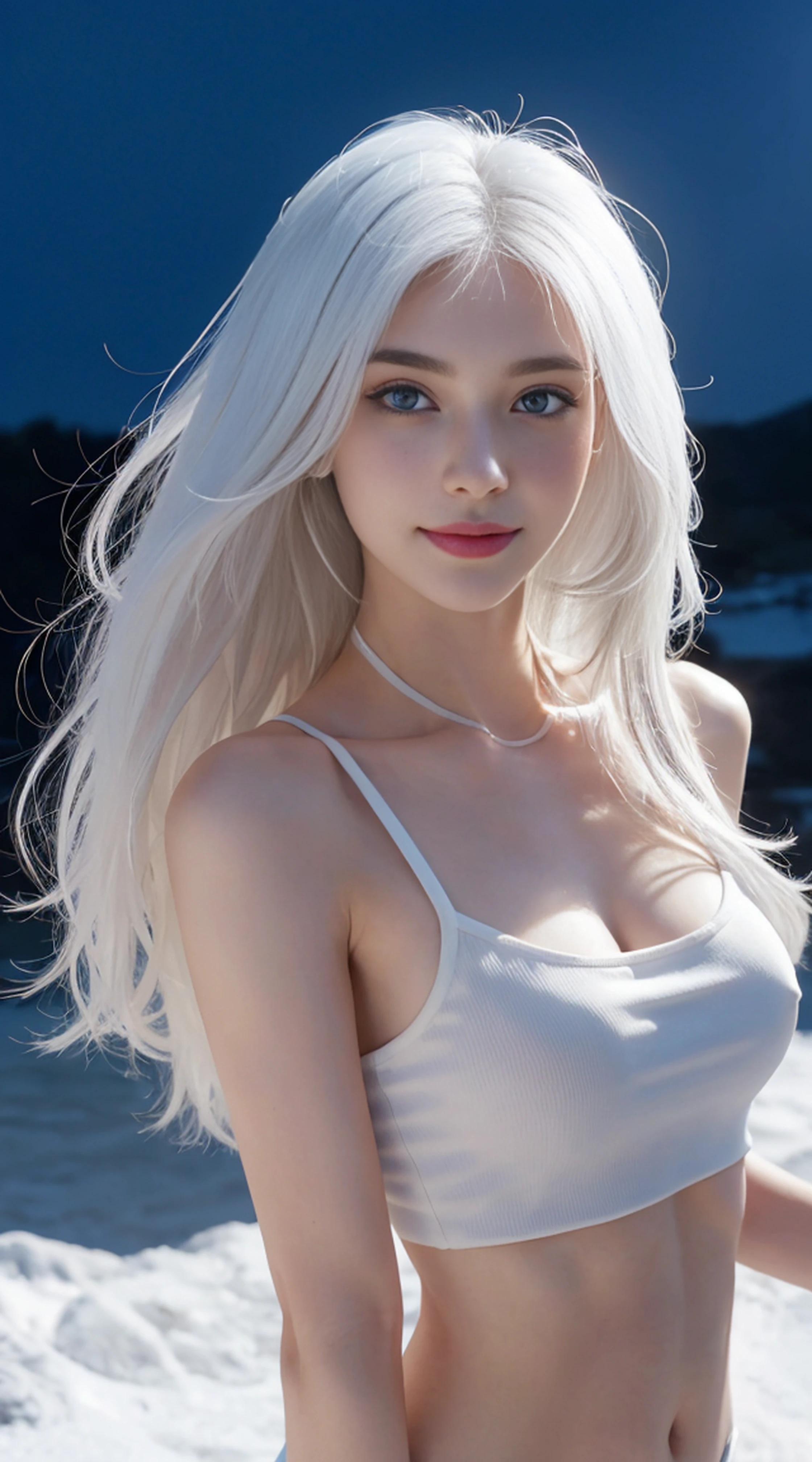 8K, Top Quality, Intricate Details, Ultra Detail, Ultra High Resolution, Masterpiece, random angle, Slender, Smile, (Makeup: 0.4), (Fluffy Blue Eyes: 1.21), blue Eyes, looking at viewer, ((full body)), 1girl, solo, 1 girl, (( full body)), close up shot, , ((tall)), (((fit body))), (((slim face))), sharp face, sharp eyes, ((( white hair, very long hair, )) , (detailed face), sharp face, small lips,
(( )), ((crop top)), detailed face, detailed breast, , large breast, detail ass, , Beautiful girl with accentuated slender abs: 1.4, Six Pack Abs: 1.4, Bust Botox, Big, Perfect Body, detail leg, (( moonlight)), hot spring
