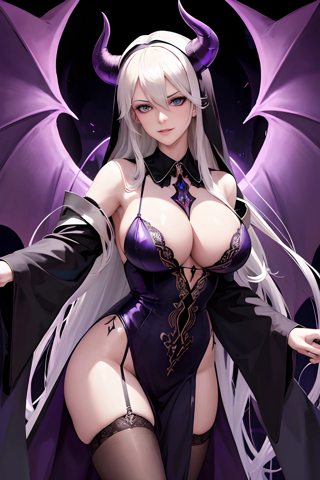 Stormy Daniels : The evil nun, Demon horn, Demon wings on the head , sexy robe de nonne, His hands preparing a sphere of purple energy, diabolique, insidieux, His powerful magic hits the buildings of a city , Context of the Satanic Church, detailled eyes, detailed hands