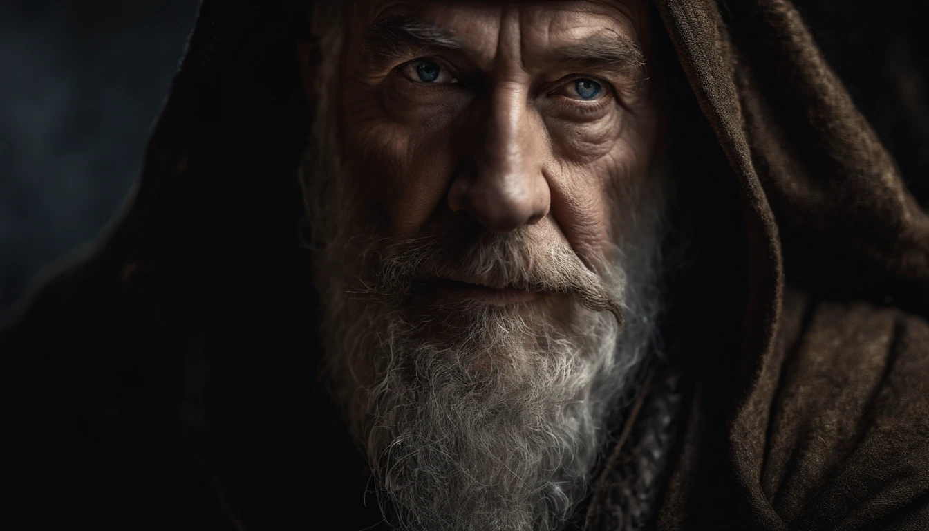 A portrait of a wizard, bearded, wrinkled, weathered, with piercing eyes, detailed face, high details, photography, dark studio, rim light, Nikon D850, 50mm, f/1.4