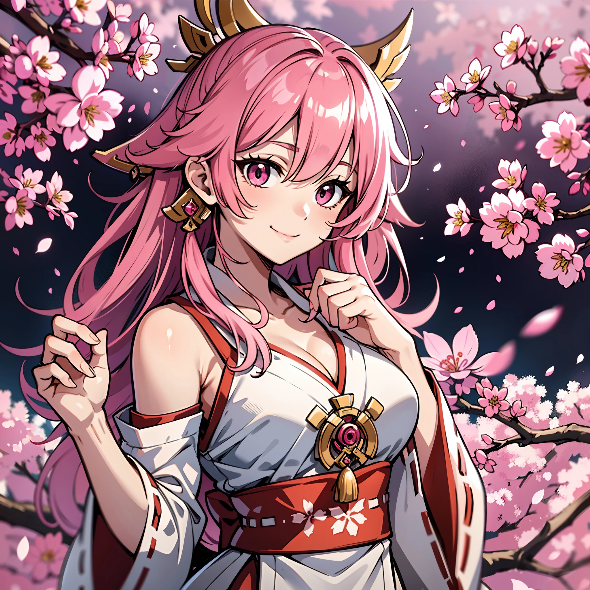 Yaya Miko Genshin in spring clothes with a wreath on her head, many flowers on the head 3D art