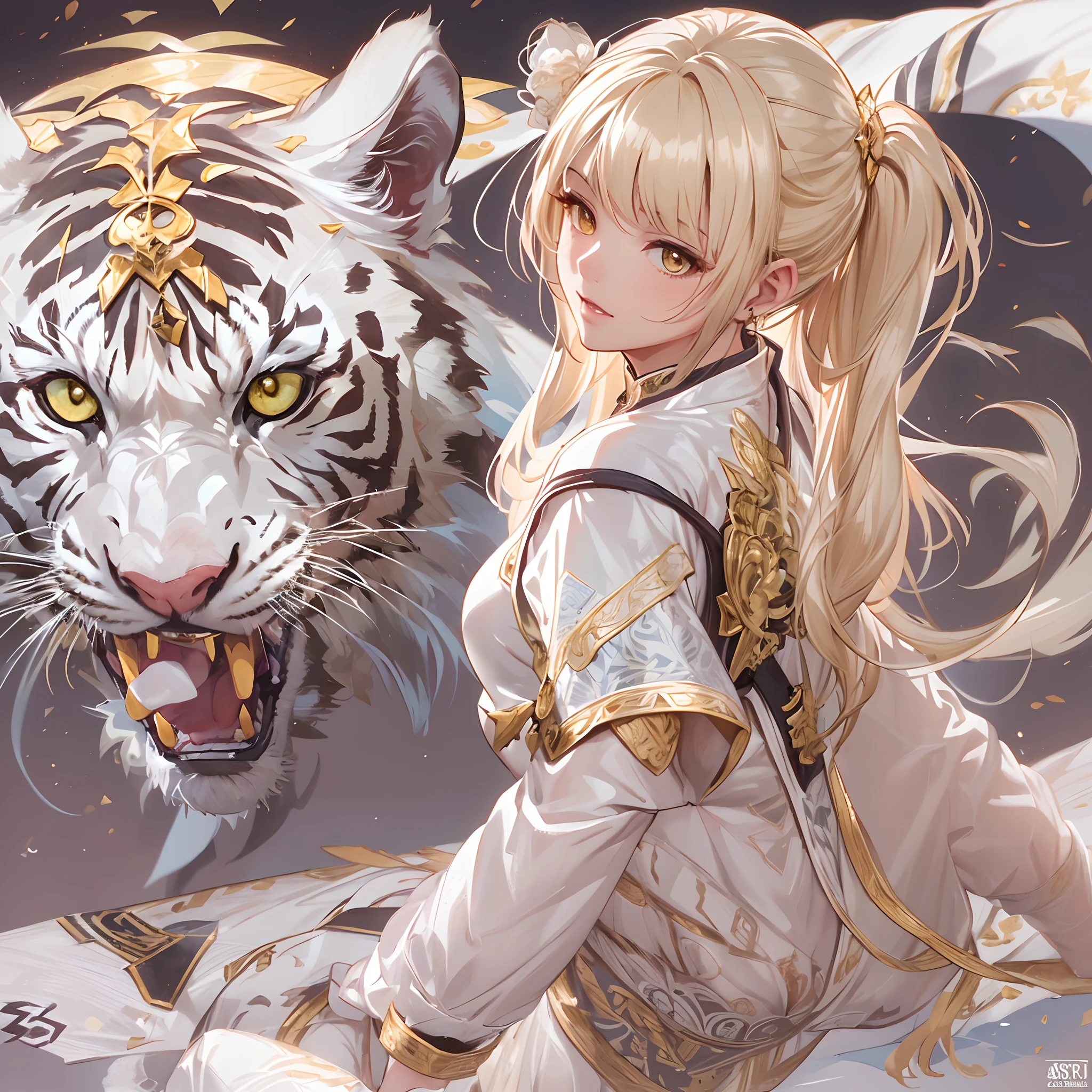 ((Masterpiece, Highest quality)), Detailed face, CharacterDesignSheet, full bodyesbian, Full of details, Multiple poses and expressions, Highly detailed, Depth,Martial arts girl,golden hair,double-ponytail,the white tiger,estilo fantasia,Extremely beautiful,High Balance, Natural light, Lace,lacepantyhose,Sunny décor