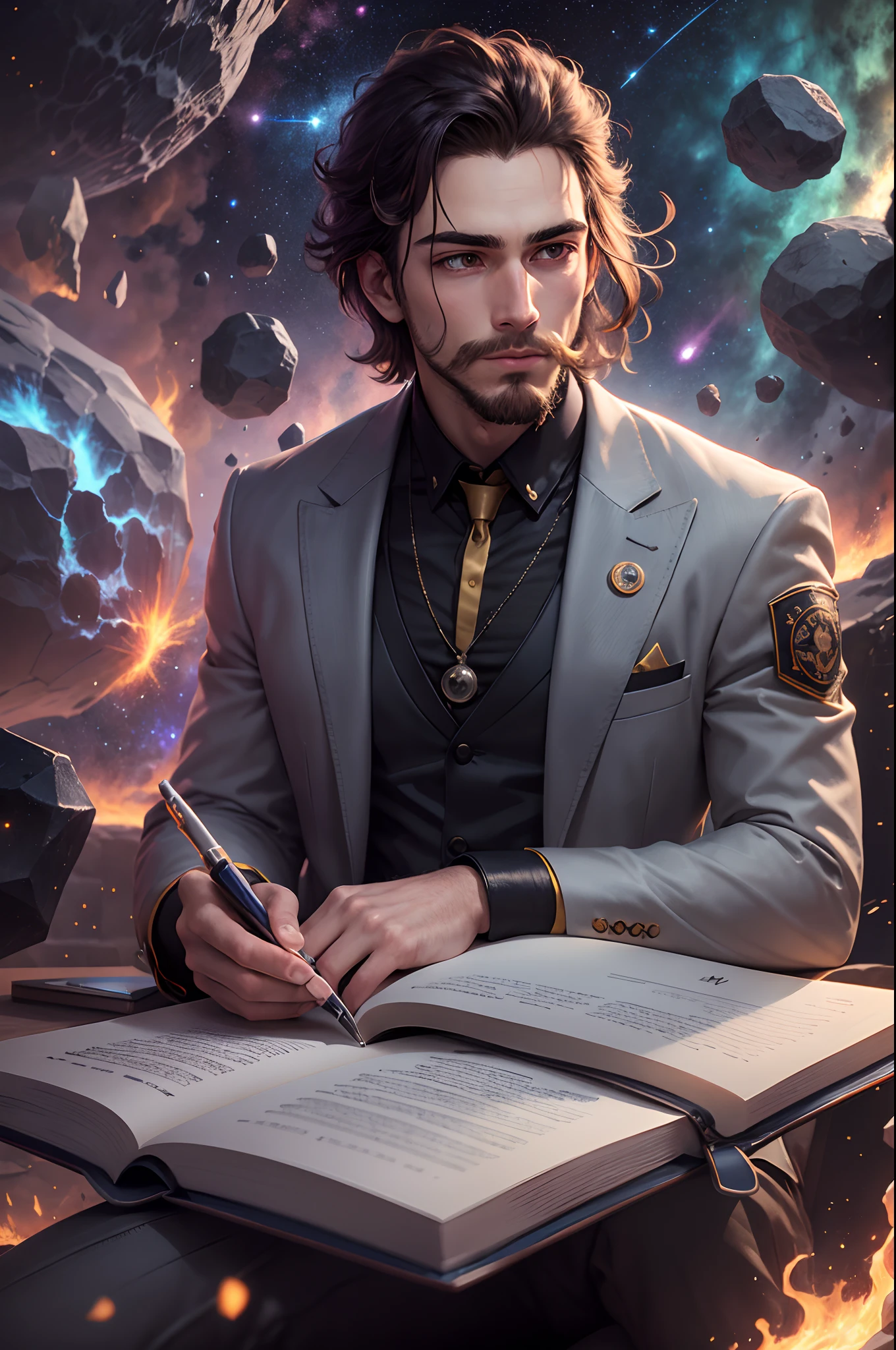 Draw a young programmer, sitting on a research platform floating in the middle of an asteroid belt. He is studying with a notebook, surrounded by several asteroids glowing with fiery auras. Dramatic lighting from distant stars and planets illuminates the scene, casting deep shadows on the suit. The young man looks confident and determined, looking at the vast and mysterious universe with wonder and respect,facial hair, cowboy shot,