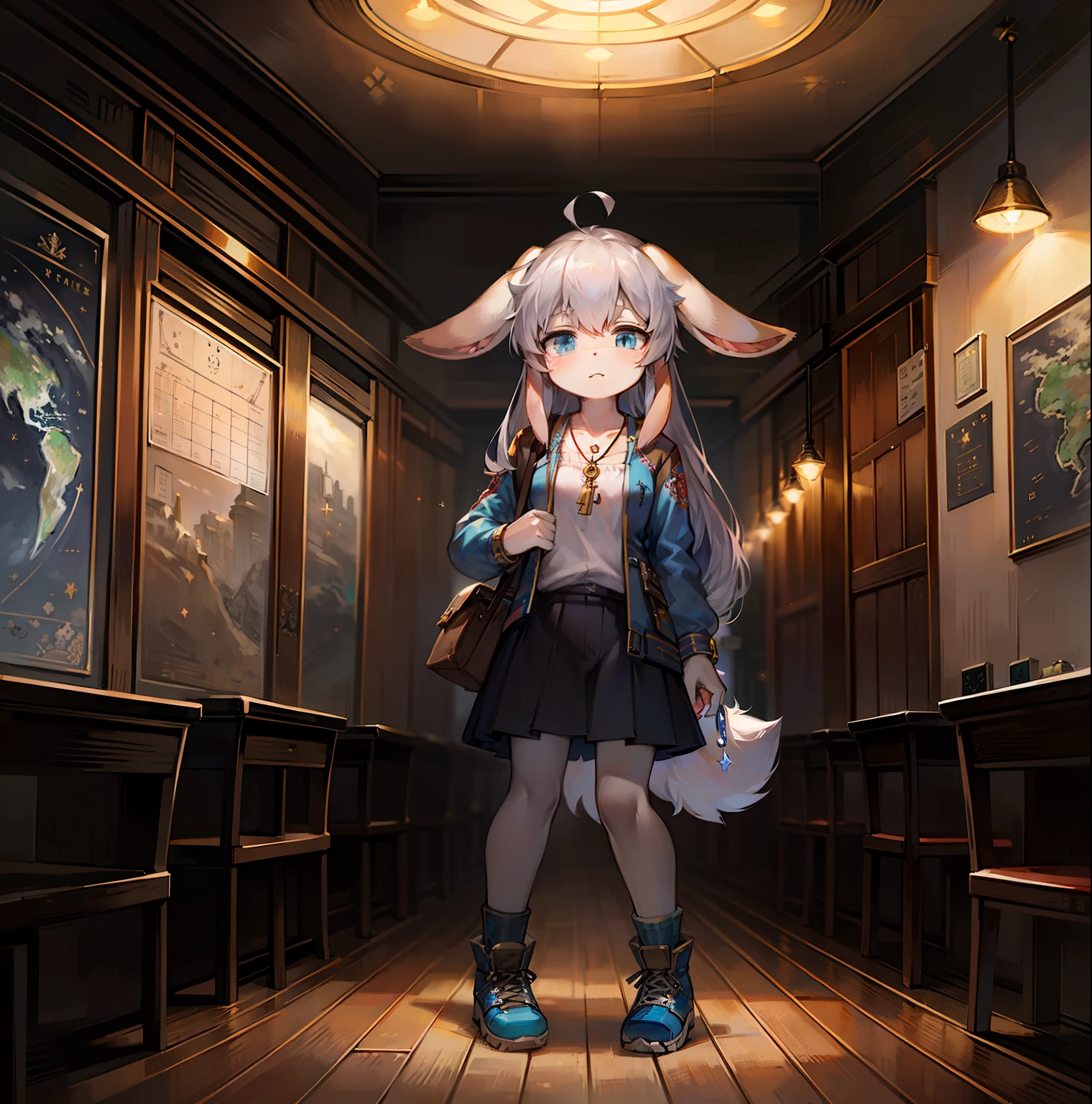 shaggy,Female rabbit,There is rabbit hair,The figure is still petite,Medium build。Long ears,Show that she has experienced challenges。Light gray hair,There are some dark brown markings ,Blue eyes are bright,in school uniform,Adventurer gear。The clothes have multiple pockets and hidden storage,Necklace with small key pendant。 Additionally,Ruth's clothes are embroidered with symbolic motifs,Such as a group photo of explorers、Stars and maps。Hiking shoes