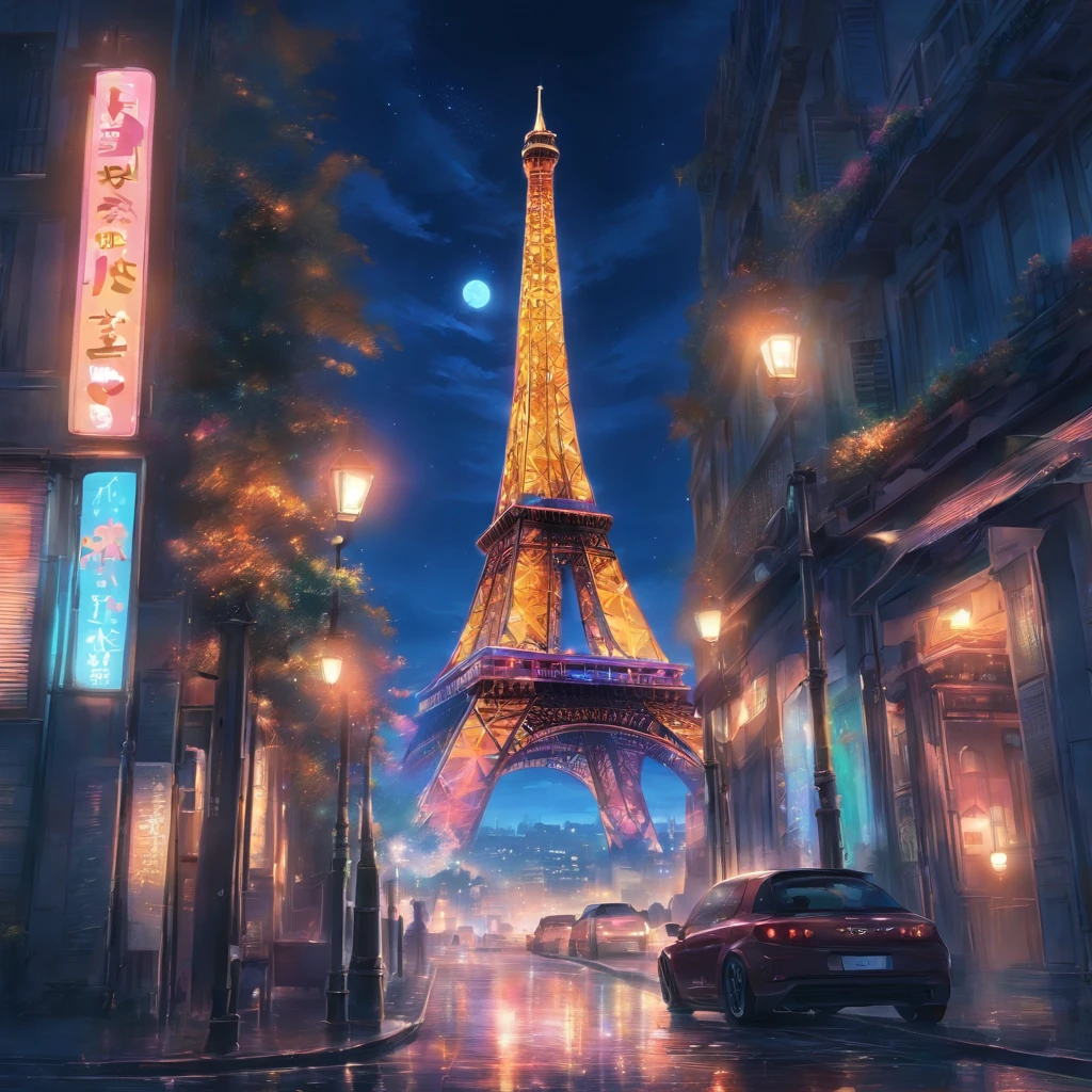The Eiffel Tower、The Eiffel Tower overlooks the streets of Paris、Eiffel Tower renovated in 2077、The Eiffel Tower has a stronger presence than conventional objects、Eiffel Tower in the near future、Eiffel Tower at night、Eiffel Tower illuminated by neon lights、night cityscape、