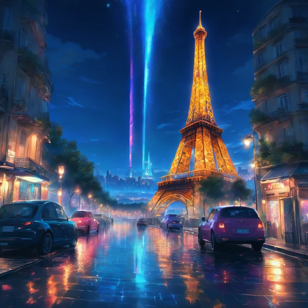 The Eiffel Tower、The Eiffel Tower overlooks the streets of Paris、Eiffel Tower renovated in 2077、The Eiffel Tower has a stronger presence than conventional objects、Eiffel Tower in the near future、Eiffel Tower at night、Eiffel Tower illuminated by neon lights、night cityscape、