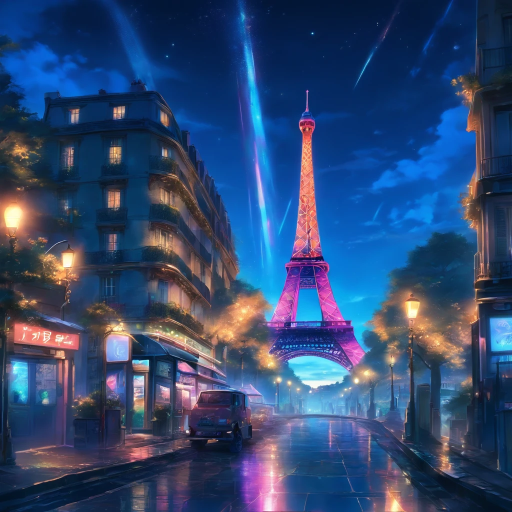 The Eiffel Tower、The Eiffel Tower overlooks the streets of Paris、Eiffel Tower renovated in 2077、The Eiffel Tower has a stronger presence than conventional objects、Eiffel Tower in the near future、Eiffel Tower at night、Eiffel Tower illuminated by neon lights、night cityscape、
