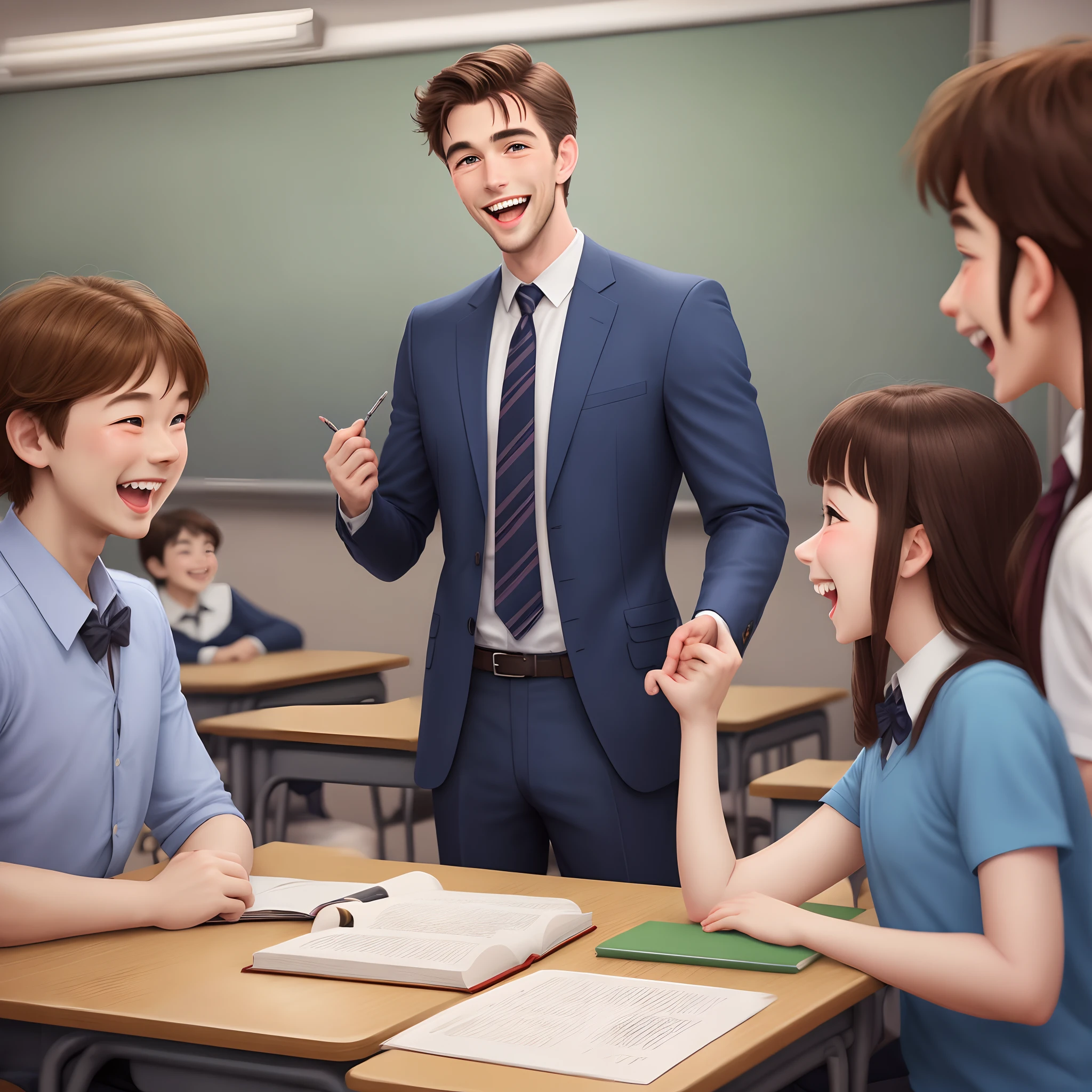 Disney style , photography, a tall handsome sharp smart teacher is laughing and the all class kids is also laughing.
