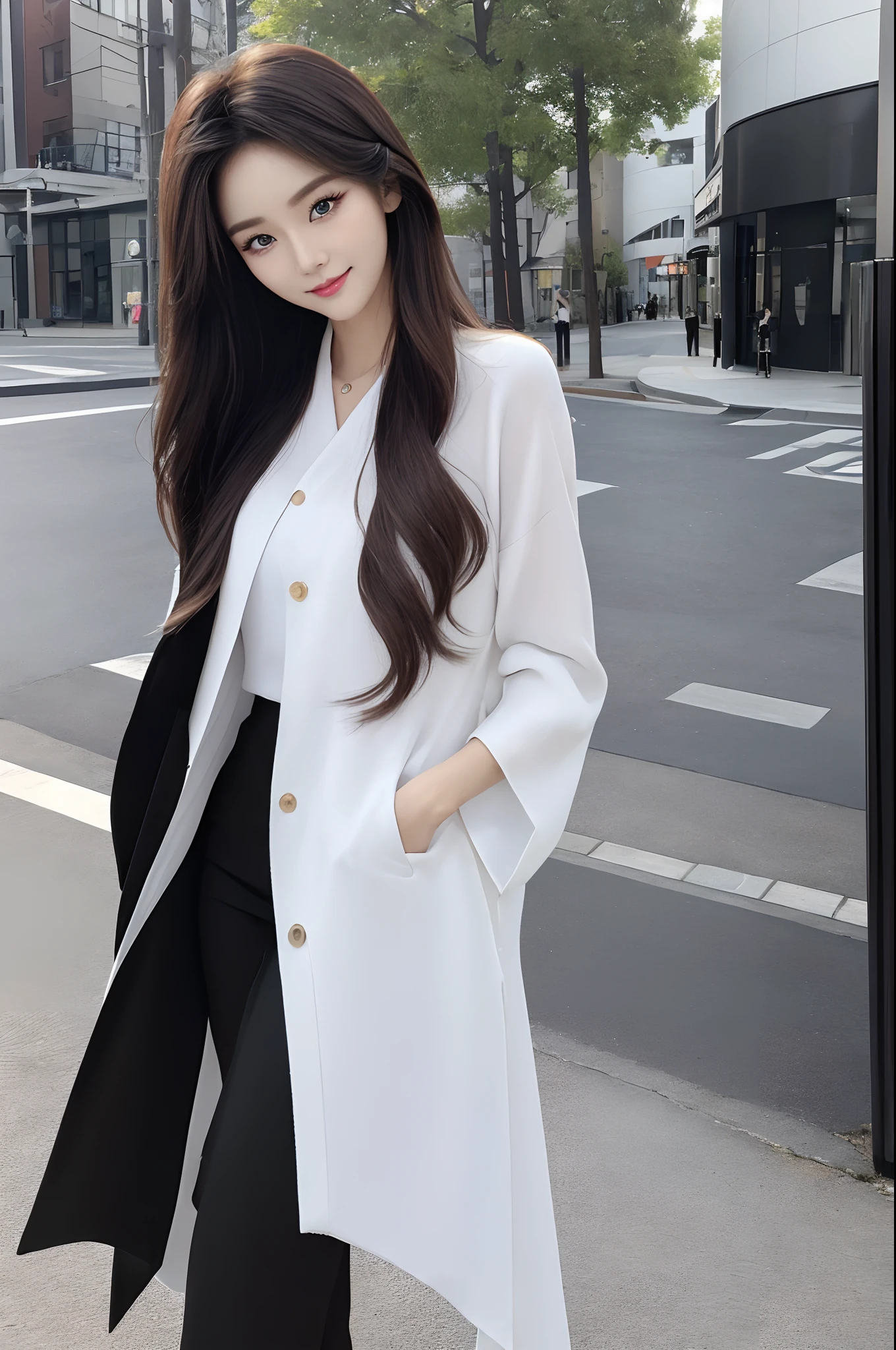 ((4K works))、​masterpiece、（top-quality)、((one beautiful women))、Slim body、((Stylish black and white attractive clothes))、(Detailed beautiful eyes)、During a walk on the road at night、Face similar to Chaewon in Ruseraphim、((Cool brown long hair))、((Smaller face))、((Neutral face))、((Light blue eyes))、tall、((American Women))、((26 year old))、((cool lady))、((Adult sister))、((A shy smile on his face))、((Korean Makeup))、((elongated and sharp eyes))、((Happy dating))、((She is walking in front of the viewer))、((shot from a side angle))