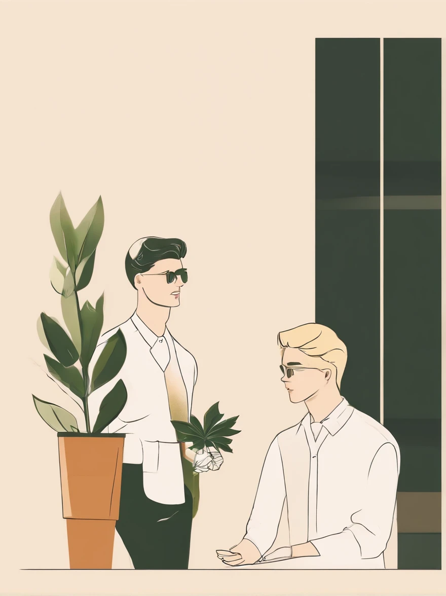 Illustration Two Young Men Blonde British School Stationery　a plant