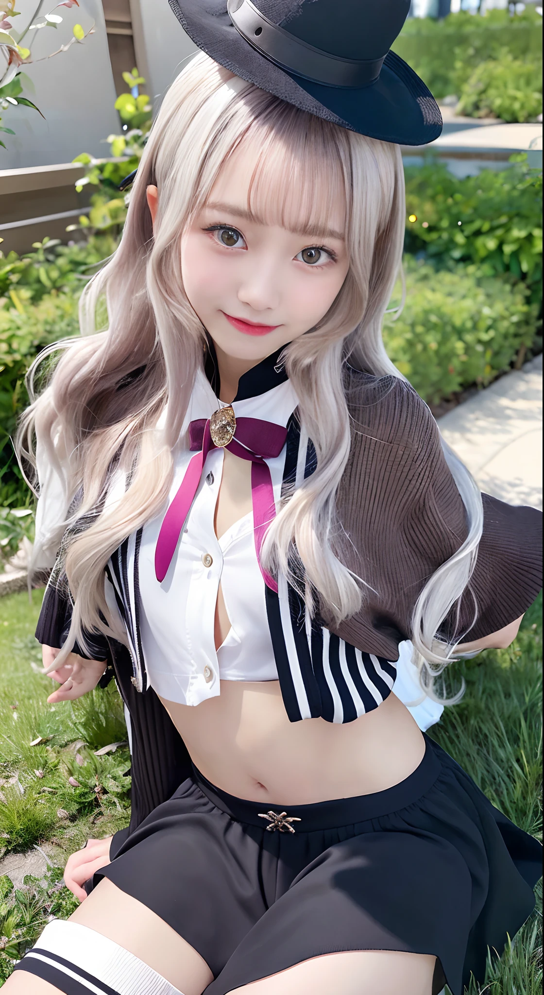 masutepiece, Best Quality, hight resolution, Ashion, 1girl in, Long hair,  short eyebrows, Small breasts, shairband, pink bowtie, black capelet, Pinstripe shirt, Long sleeves, Midriff, Black skirt, Miniskirt, Striped tights , Sitting, A smile、lawn、Black hat,10 years old,silber hair