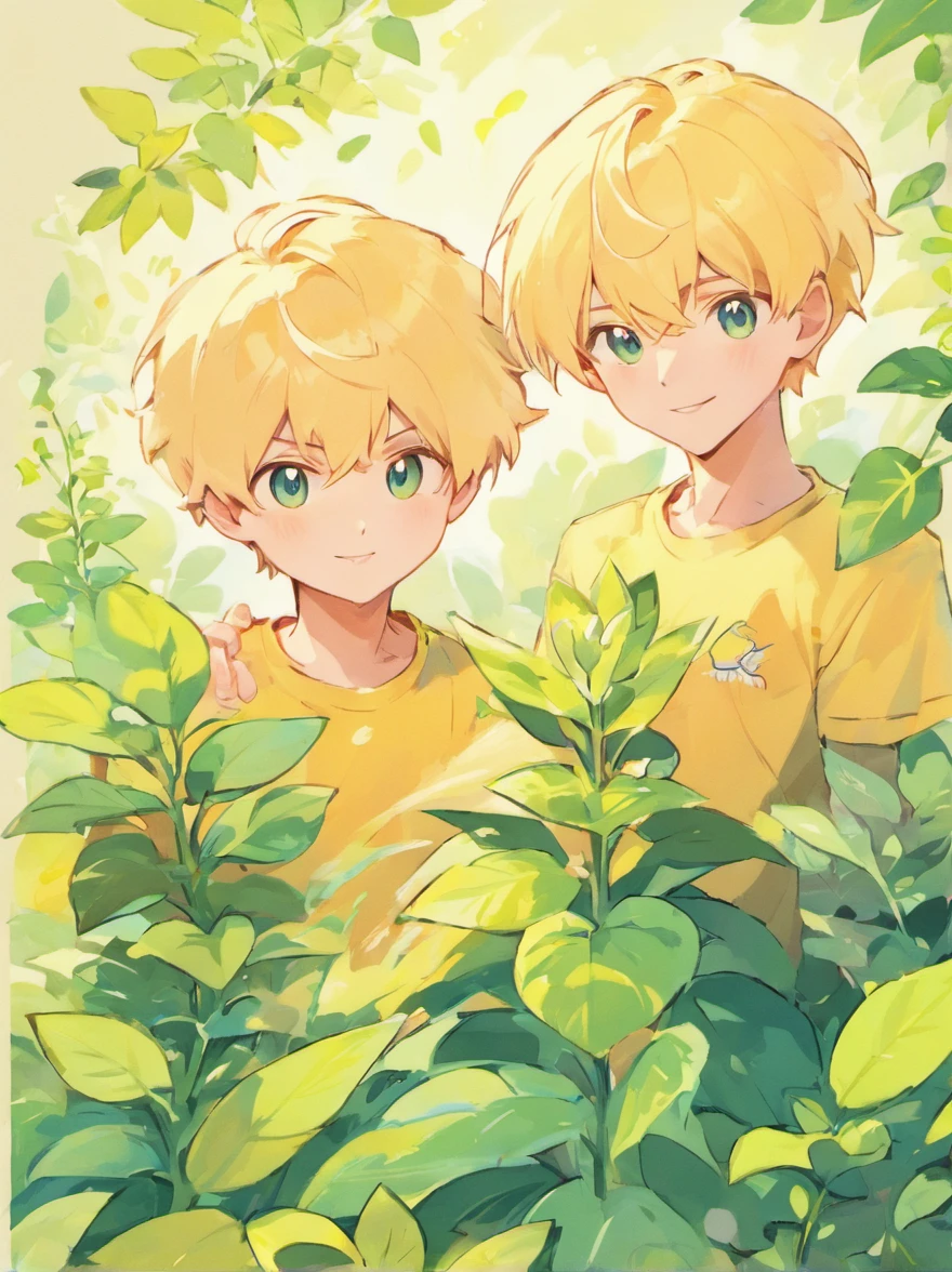 A very beautiful 12 year old boy, White skin , European traits, High Definition, naked torso, strong bare legs, sad look, standing next to a leafy tree, very light brown hair.