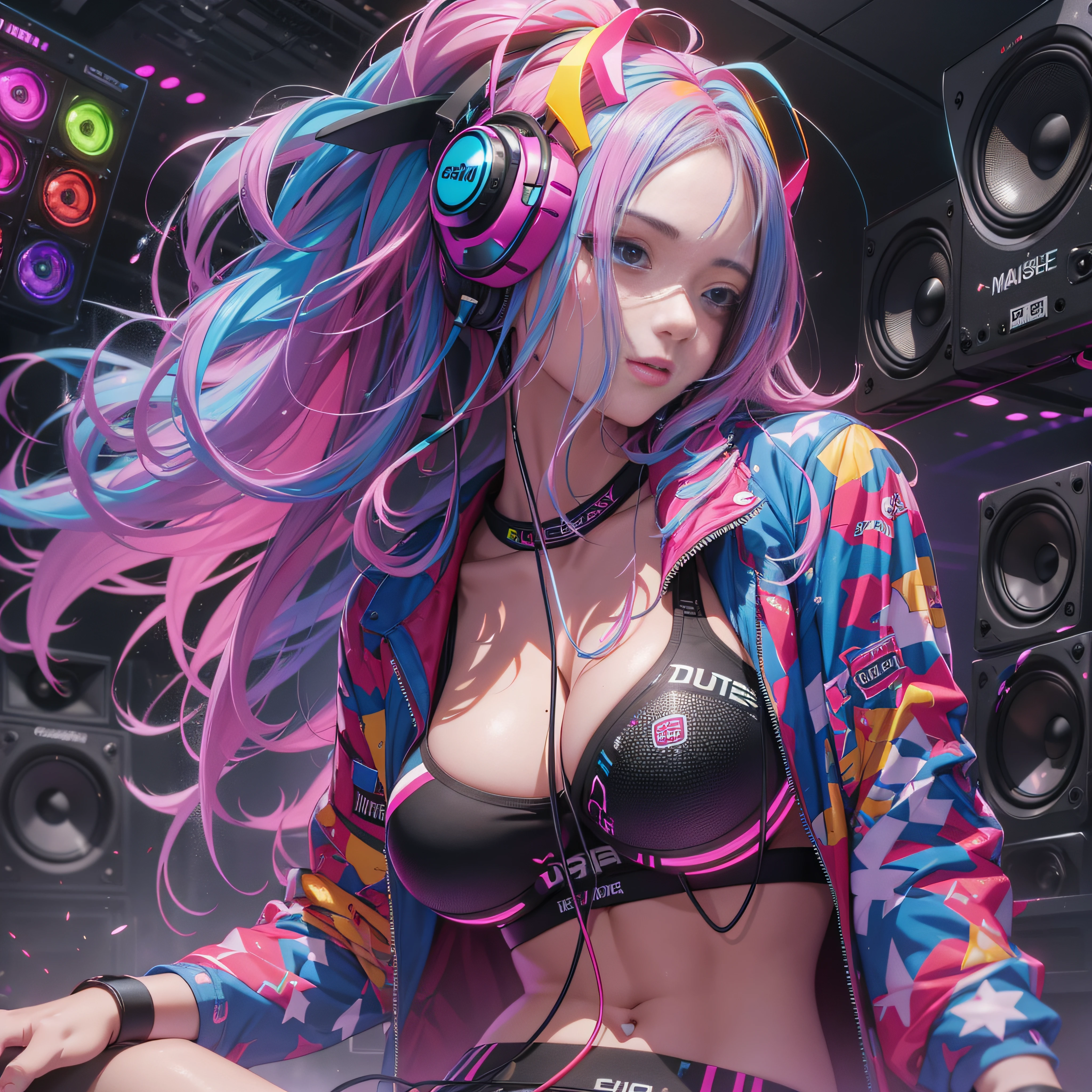 RAW image quality、8K分辨率、Ultra-detailed CG footage、masuter piece、super-fine、A hyper-realistic、Beautiful female artist in DJ suit with black top and headphones、dj set、Sportsbra、headphones dj rave, Sportsbra, headphones、dj at a party、dj rave party、CGstation、(((Huge speaker in background)))、(((Every wall is speaker)))、(colourful hair)、Glowing hair、inner colored、smokey