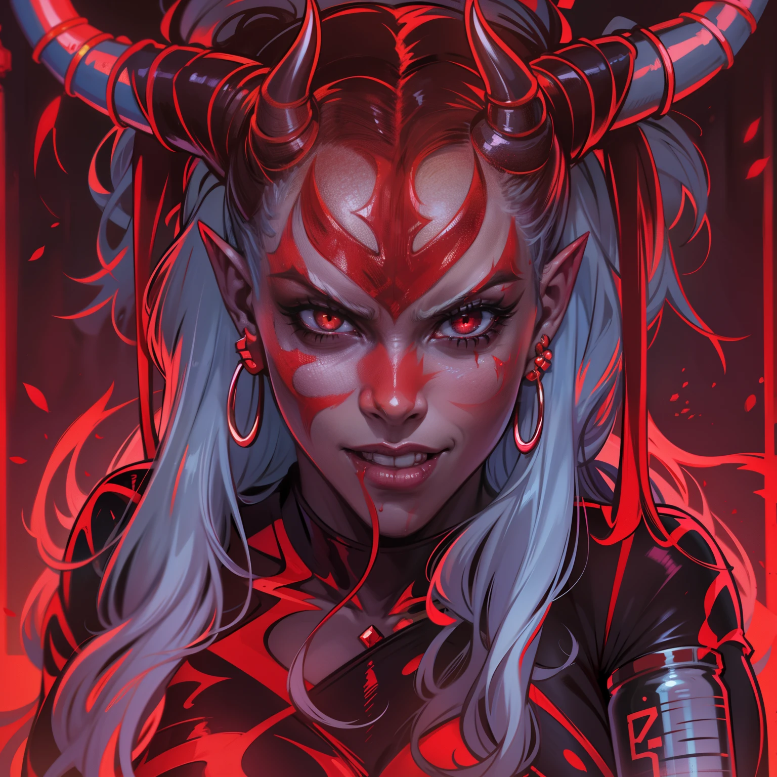 Demonic woman with horns and red light in her hair, portrait of demon girl, tiefling, Portrait of Tiefling, Demon Girl, portrait of a female demon, tmasterpiece, higly detailed, realistic, high resolution, Adult Movie Star, tall body, hourglass shape, coke bottle body, thicc, big hips, small waist, slim fit, neon colors, oni face mask