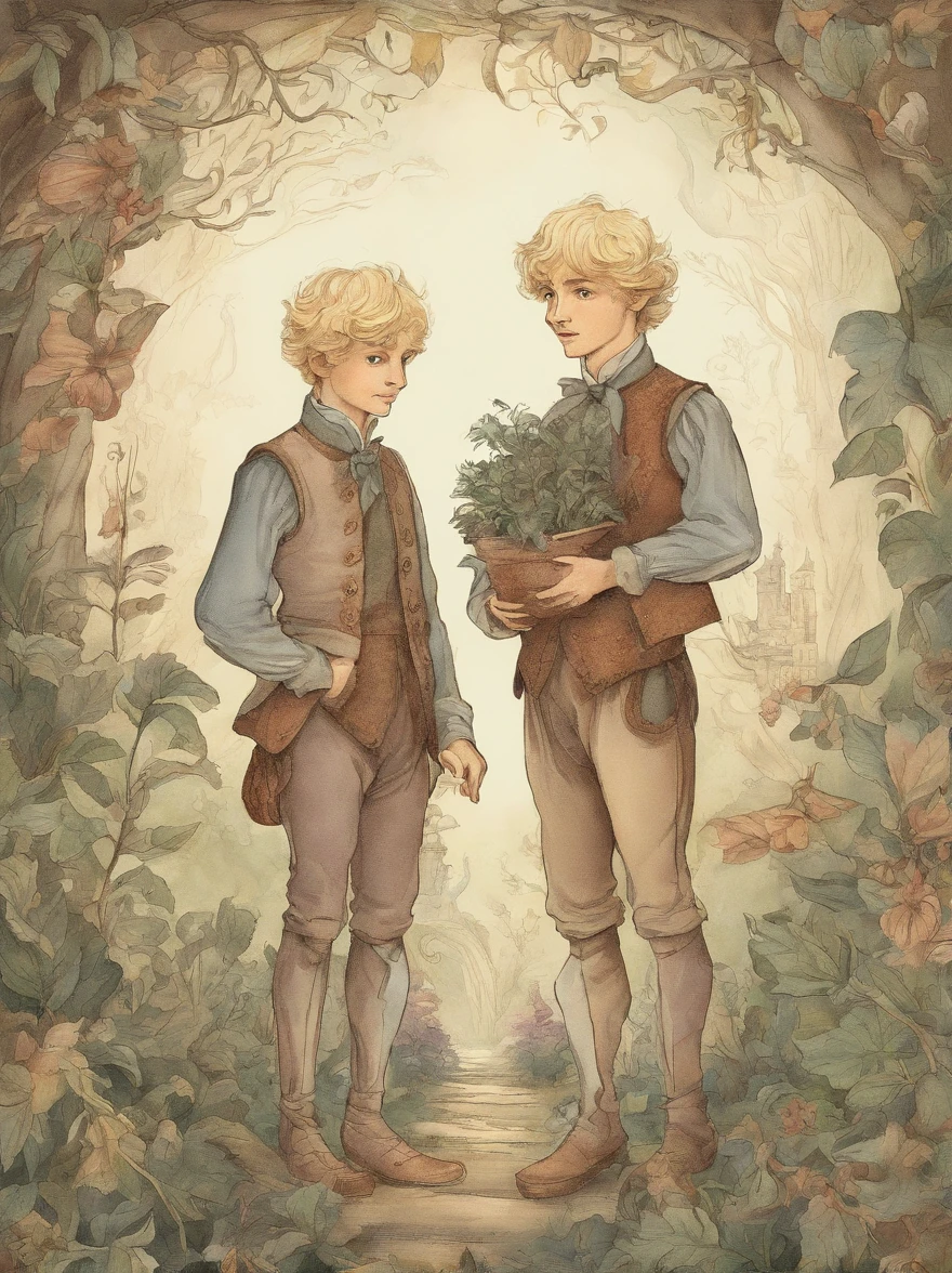 Illustration Two Young Men Blonde British School Stationery a plant