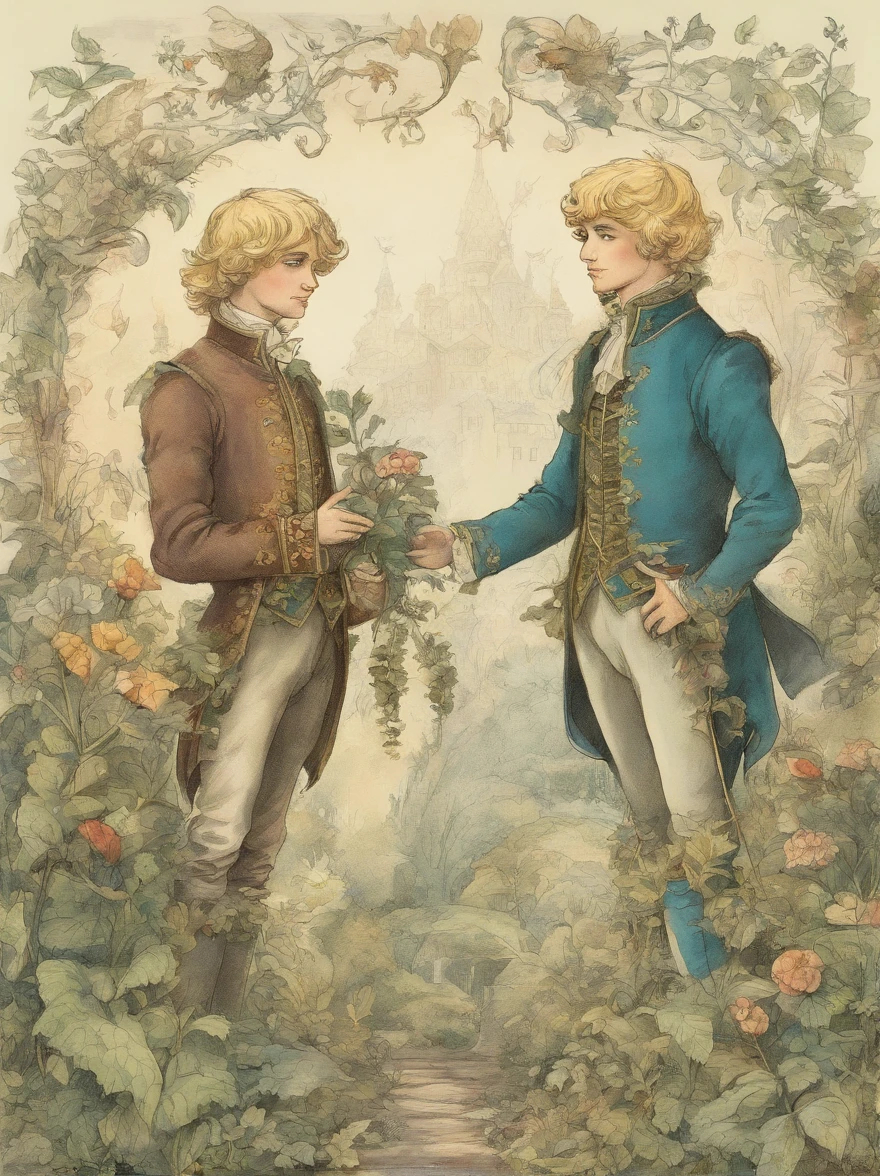 Illustration Two Young Men Blonde British School Stationery a plant