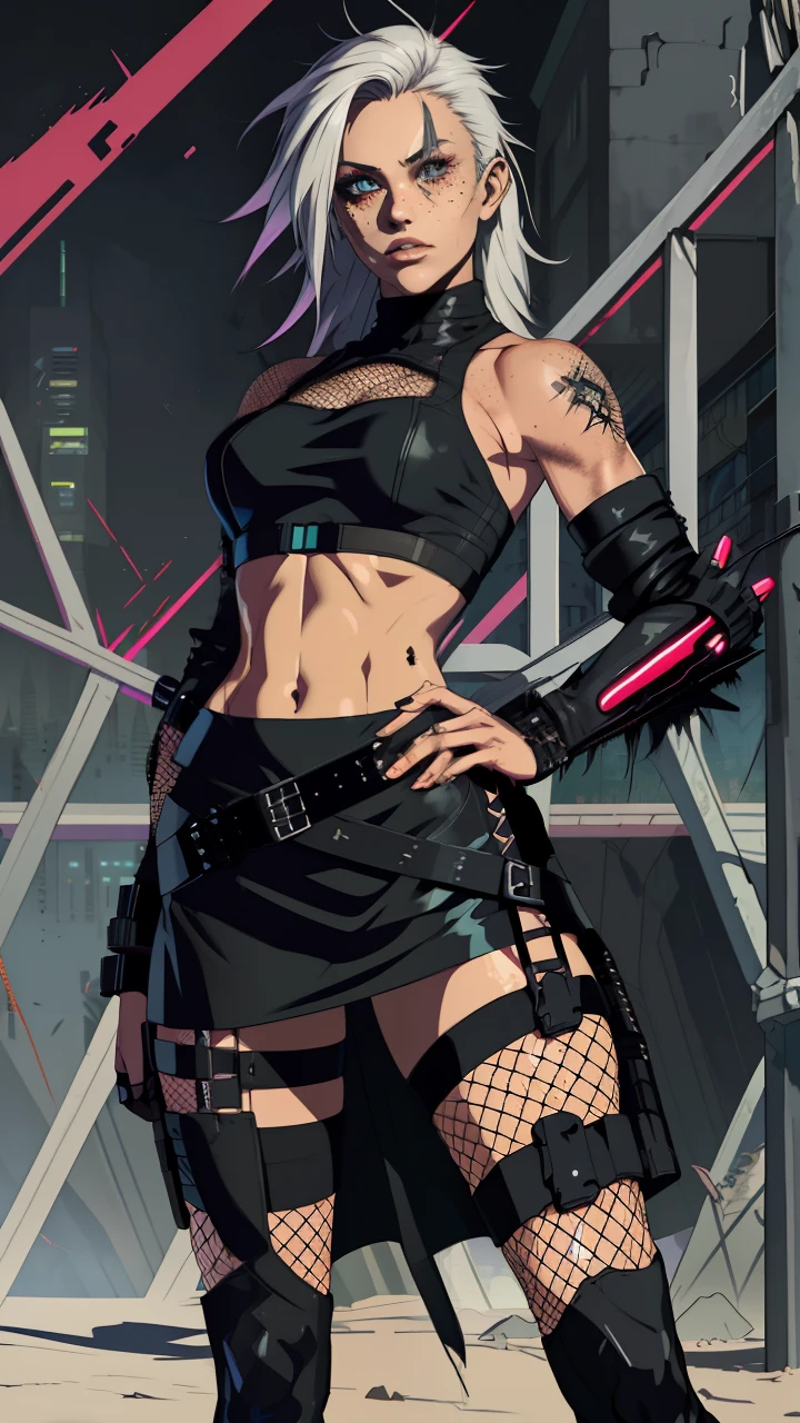 Post-apocalyptic sexy female warrior in shirt and black fishnets, with some barbed wires around her leg thigh, scantily clad, cyberpunk model wearing black leather, black dress, black skintight and skintight crop top, ((exposed midriff)), freckles, trending on instagram, in the style of tarot card, art by Dmitry Sergeev