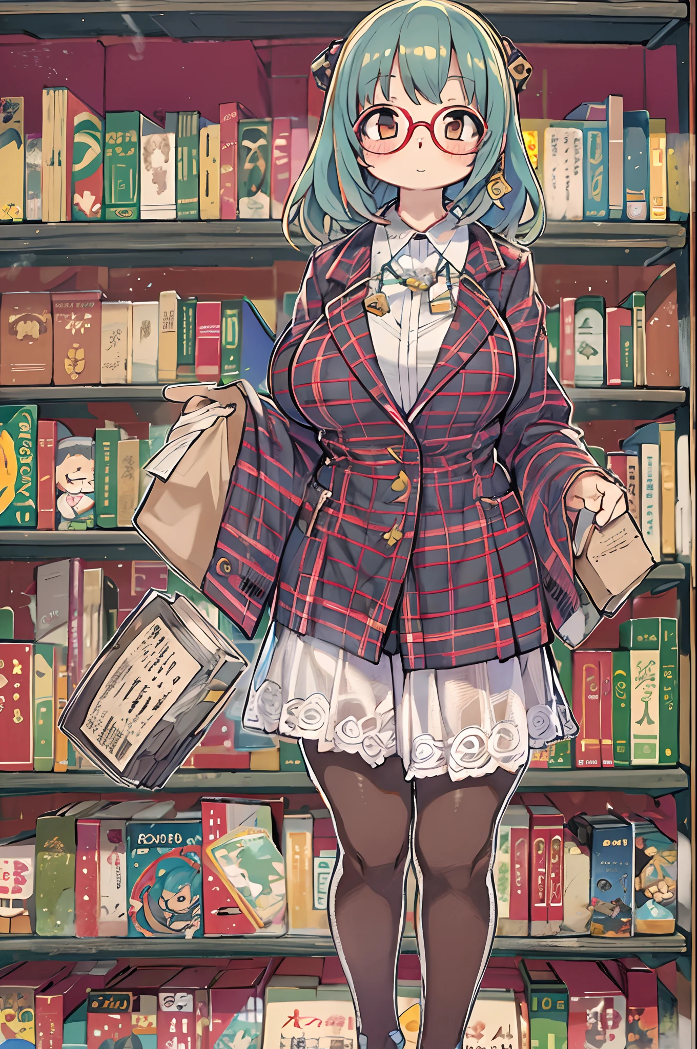 Huge library、1 librarian、One Woman、small round glasses、huge-breasted、Chibi